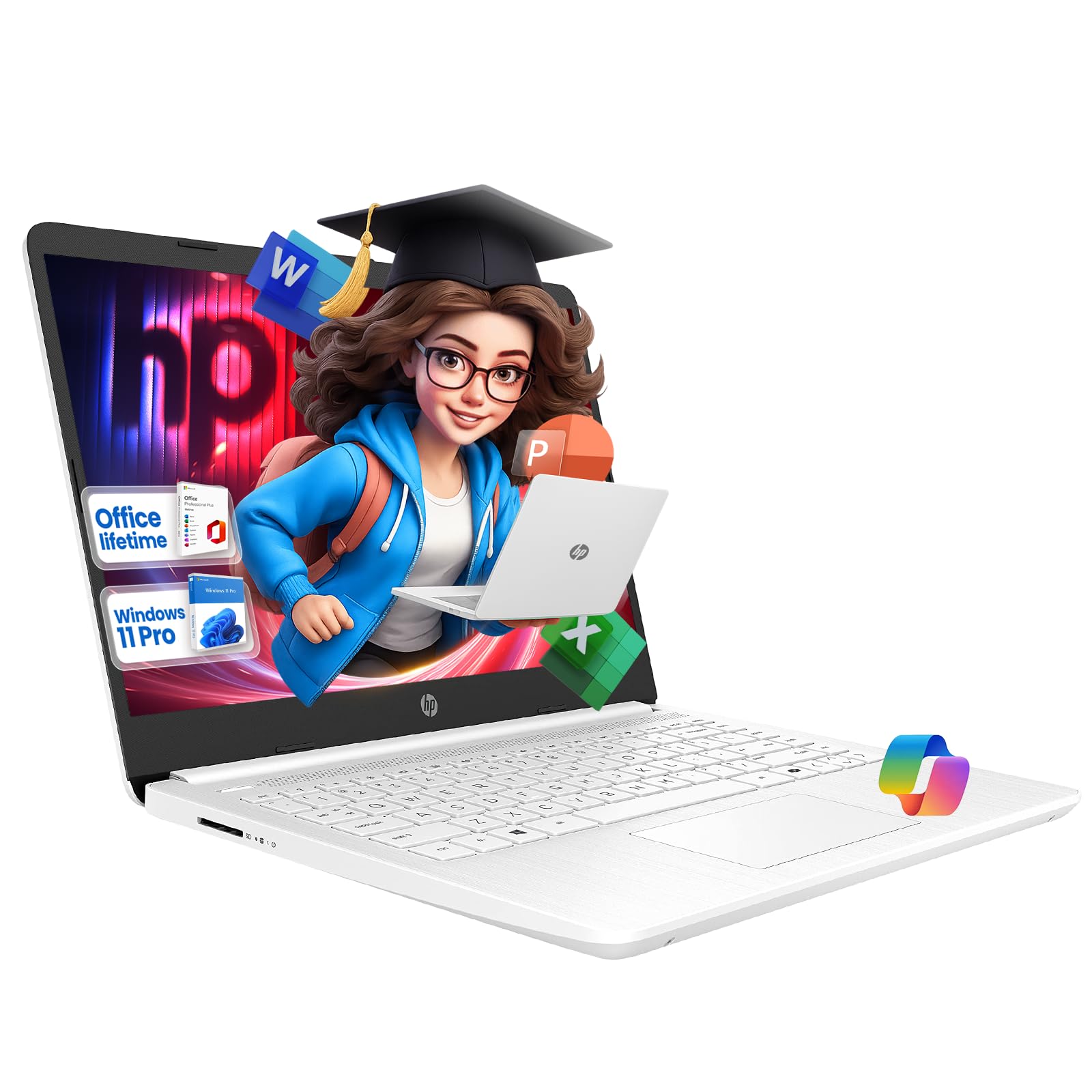 HP 14 Inch Ultra Light Laptop for Students and Business - Office Pro Lifetime, Intel N150(Beats N4120), 16GB RAM, 384GB Storage(128GB UFS+256GB MSD), Wi-Fi 6, Windows 11 Pro, Copilot AI, Sliver