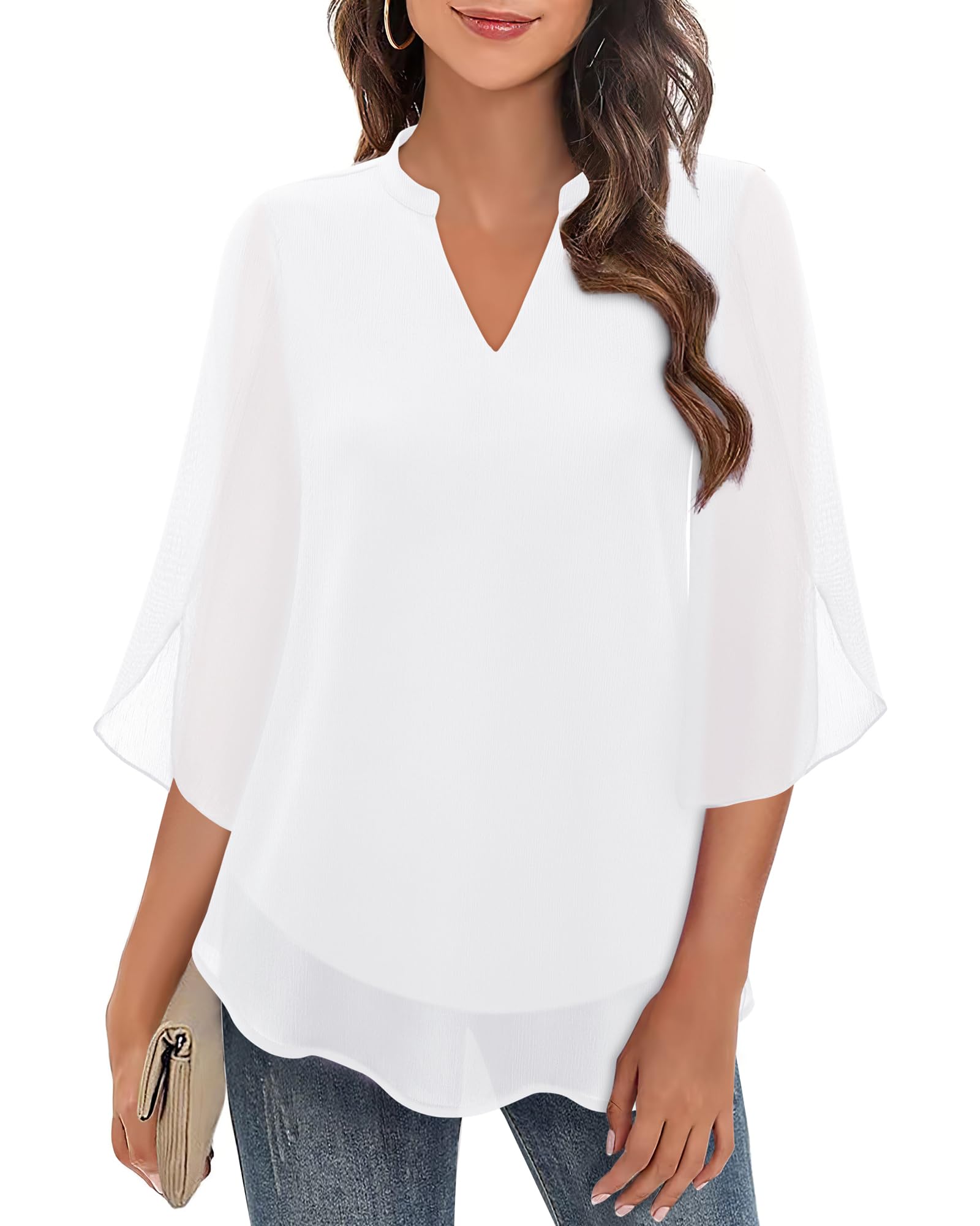 Womens Tops Dressy Casual Ruffle 3/4 Sleeve V Neck Double Layers Chiffon Blouses Tops
