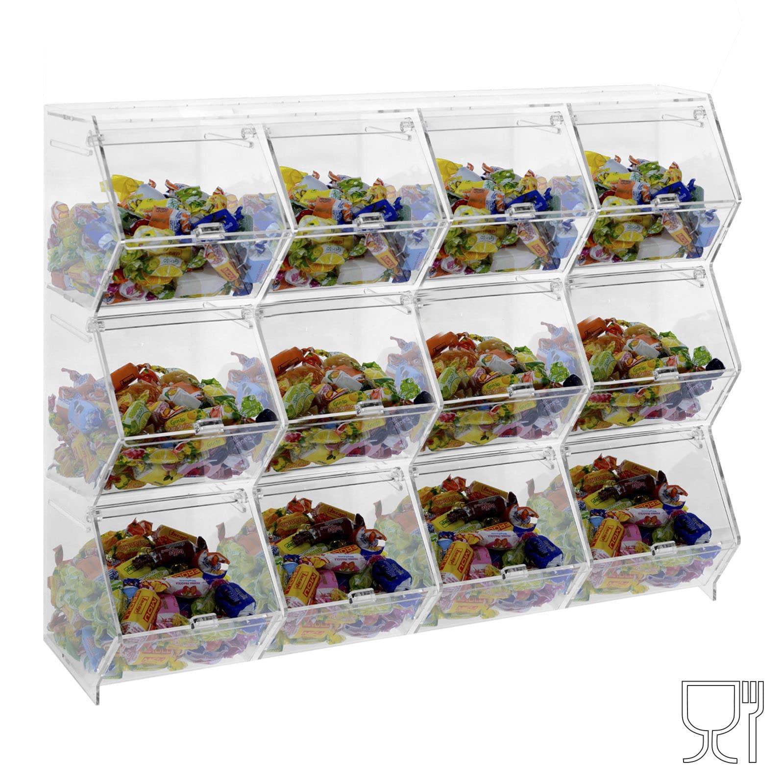 Porta caramelle confezionate da banco o da parete in plexiglass trasparente a 12 scomparti CON sportello a scomparsa - Misure totali: L 52 x P 18 x H 45 cm