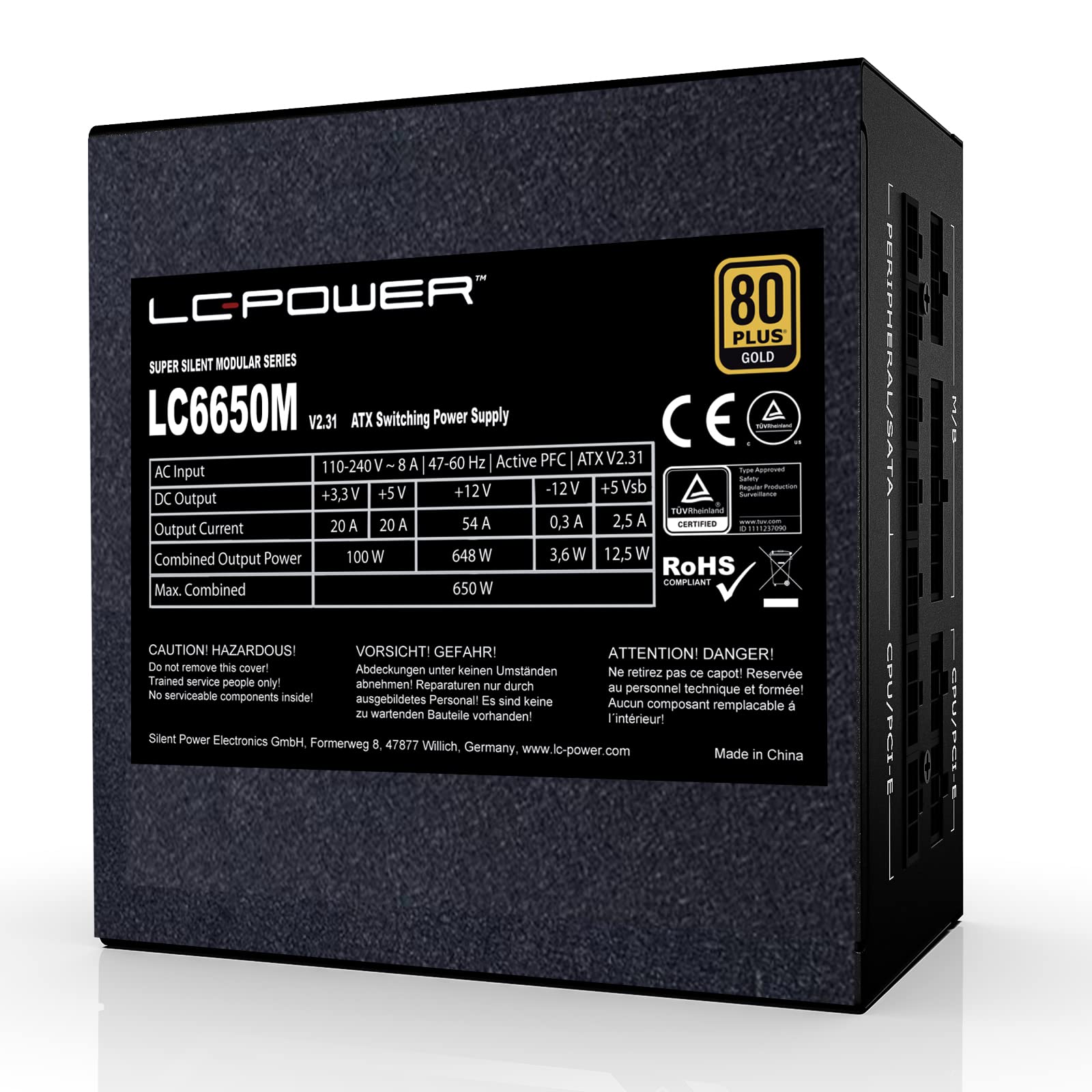 LC-POWER LC6650M Alimentatore PC 650W V2.31, ATX Completamente Modulare, 80 Plus Gold Serie Modulare 650 Watt PSU, Nero
