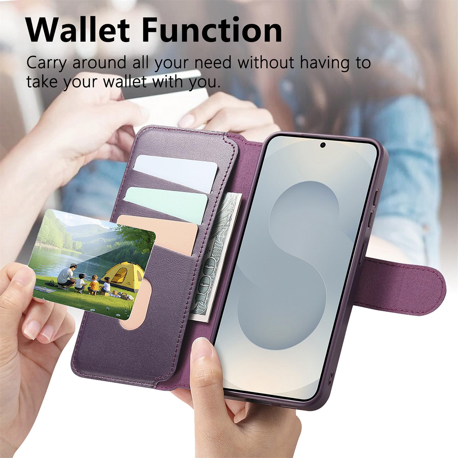 COQUE Magnetyczne etui do Samsung Galaxy S26 Plus z elastycznym paskiem na nadgarstek, wbudowaną przegródką na kartę i regulowaną podstawką, odporne na wstrząsy etui ochronne - fioletowe