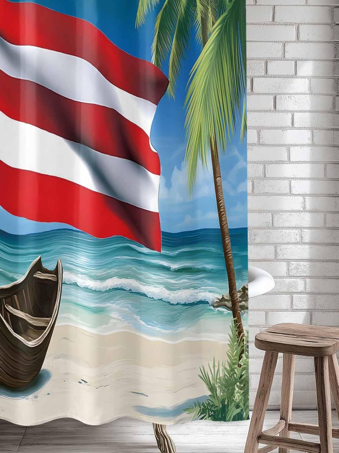Z&L Home Ocean Beach Puerto Rico Flag Shower Curtains for Bathroom Decor Coastal Boat Polyester Fabric Waterproof Bath Curtain Set with Hooks 54×78Inch