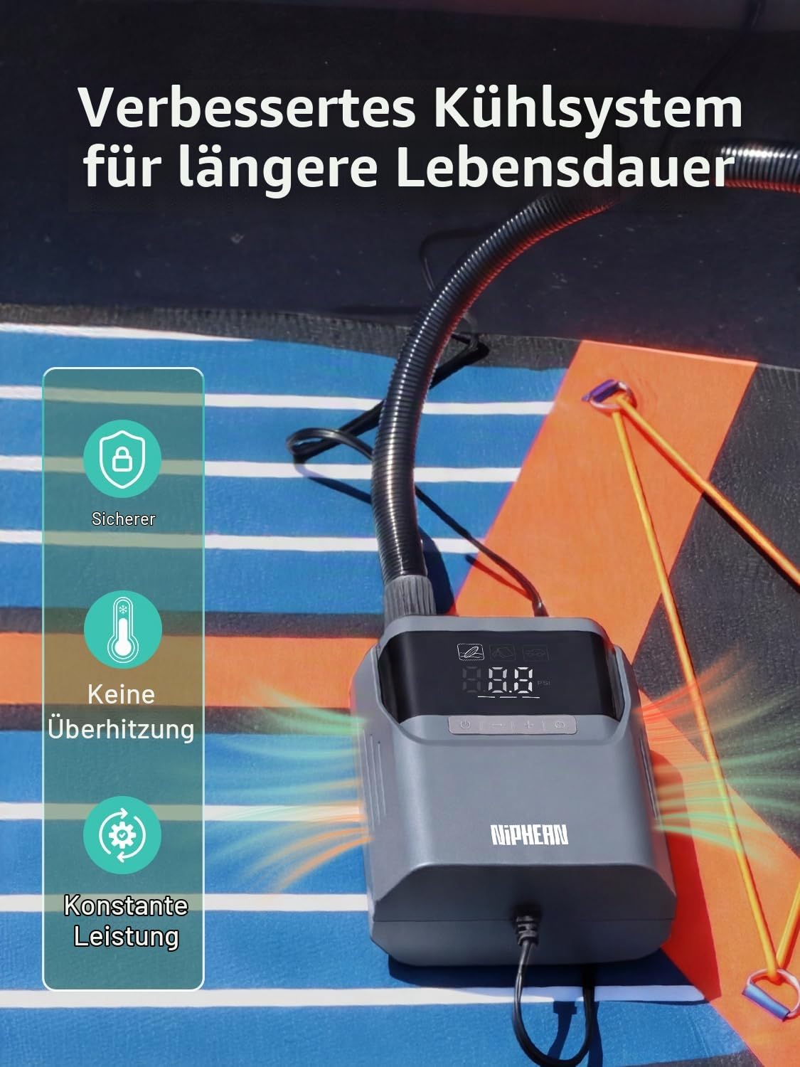 Niphean Elektrische Luftpumpe SUP mit (Extra-Langem) 300cm 12V Kabel, 50PSI SUP Pumpe Elektrisch für Auto&Luftmatratze, Luftpumpe Elektrisch für Aufblasen&Ablassen, Elektrische Pumpe mit Tragetasche