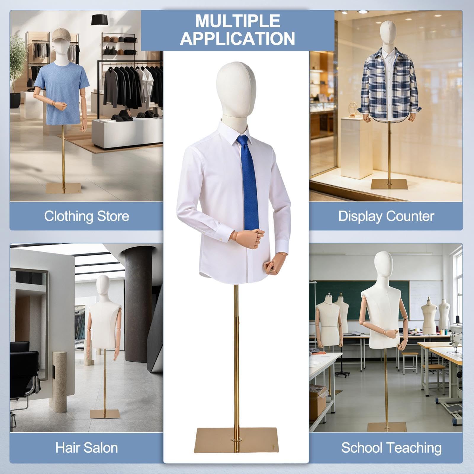 Maniqui Hombre Medio Cuerpo Ajustable 160-212 cm Capacidad de 30 kg | Brazos Robustos Tapicería de Terciopelo – para Boutiques