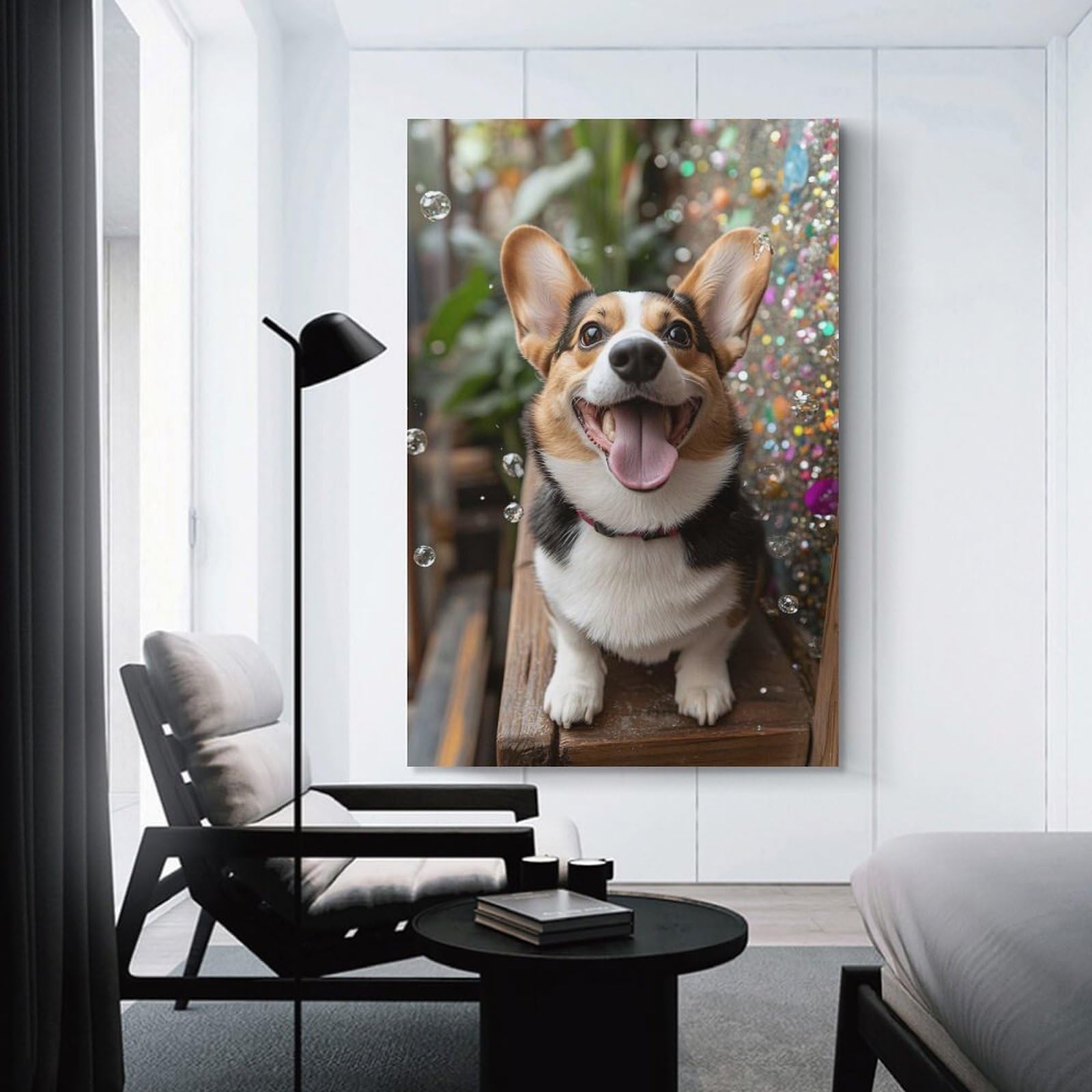 Junmoney Happy Corgi with Bubbles Wall Picture Print 08x12inch(20x30cm), for Corridors, Hallways Or Apartment Entries, Decorative Canvas Styling for Entry Areas