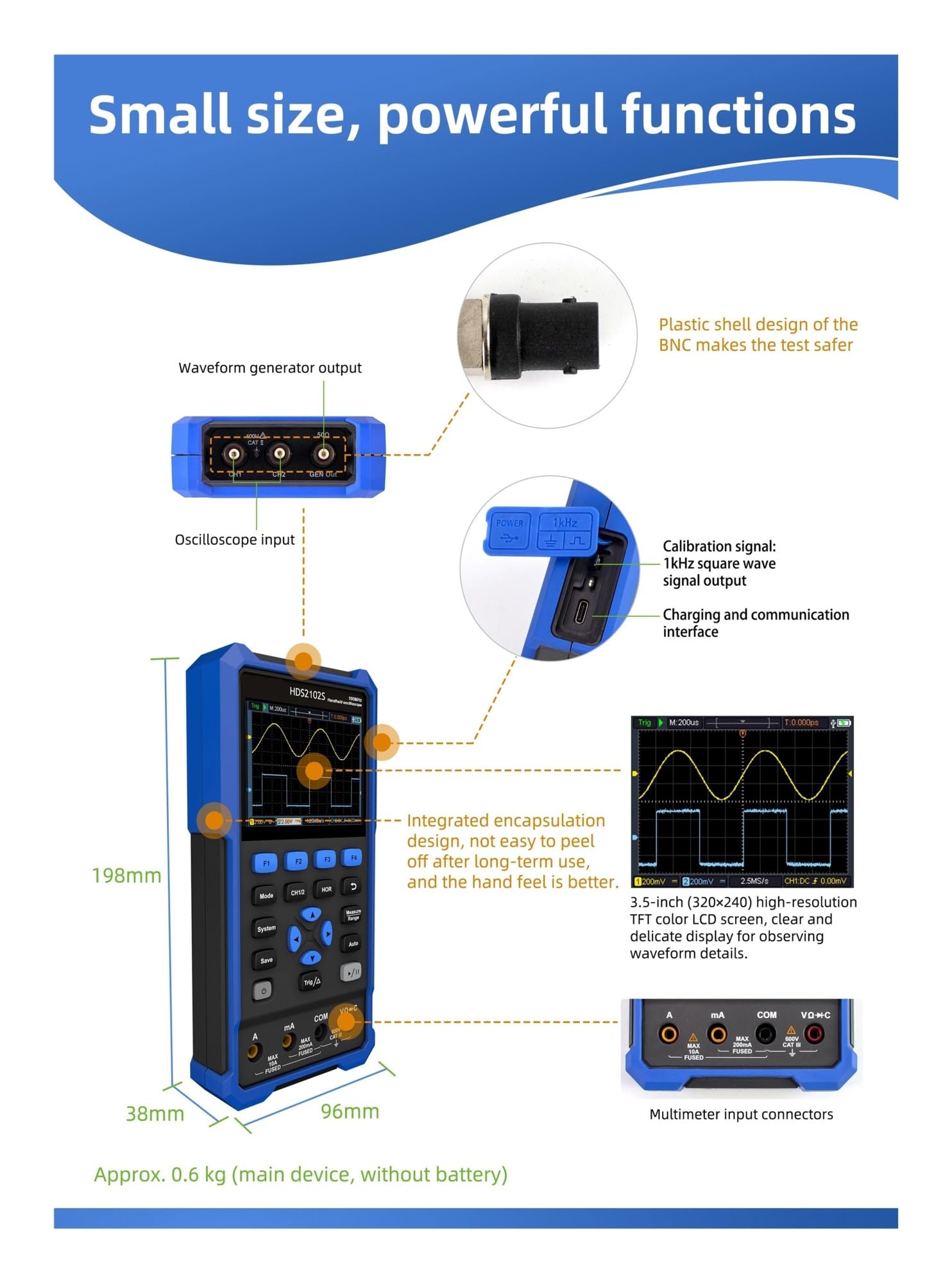 Osciloscopio Digital portátil Multifuncional HDS242/HDS272/HDS2102/HDS2202, 100 MHz, 500 MSa/s, 2 Canales, multímetro Digital(HDS242,A/U)
