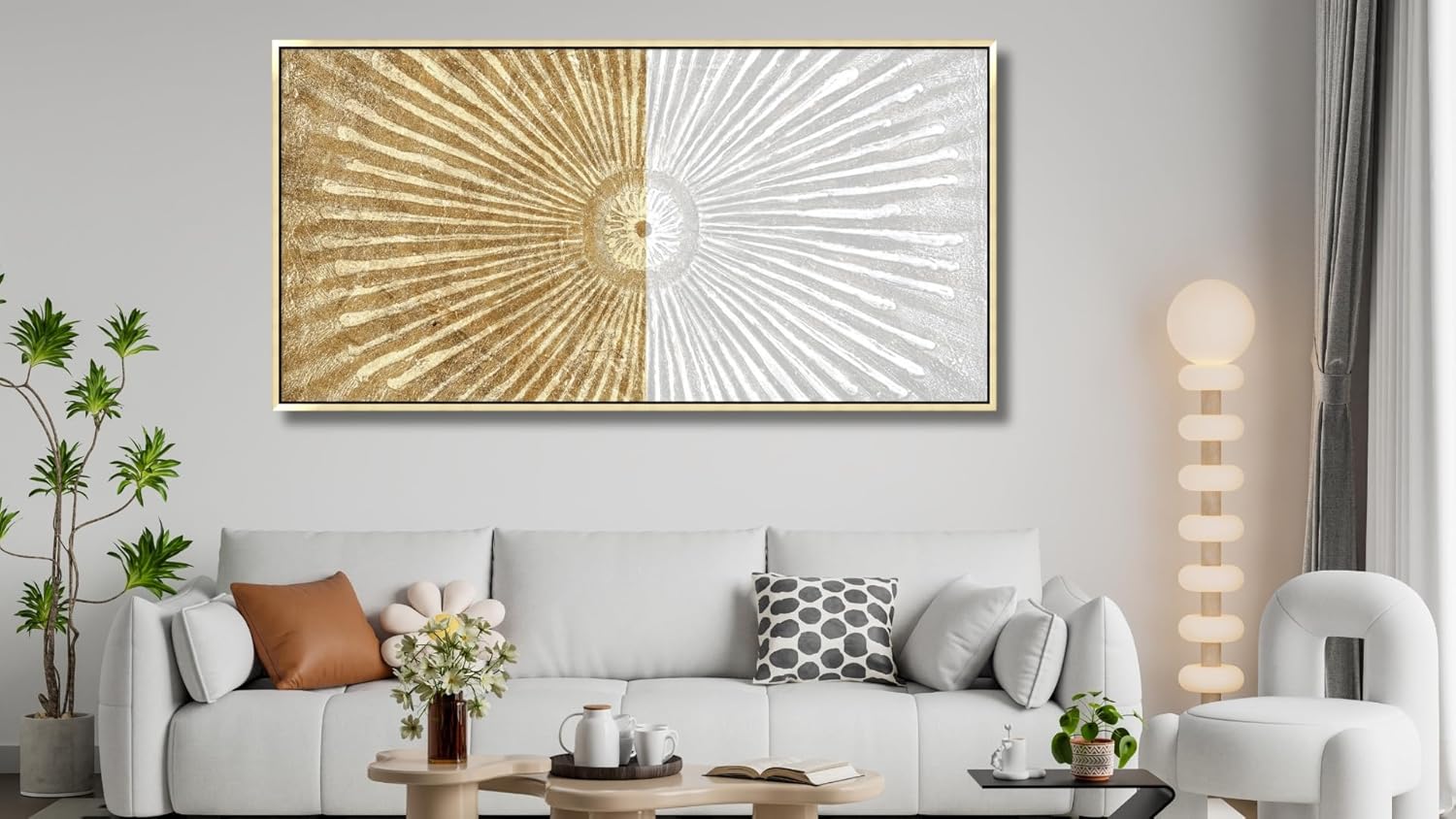 27"x56" Framed Canvas White and Gold Wall Art Symmetrical Line Abstract Modern Wall Decor Art for Living Room Bedroom Bathroom Office Wall Decor