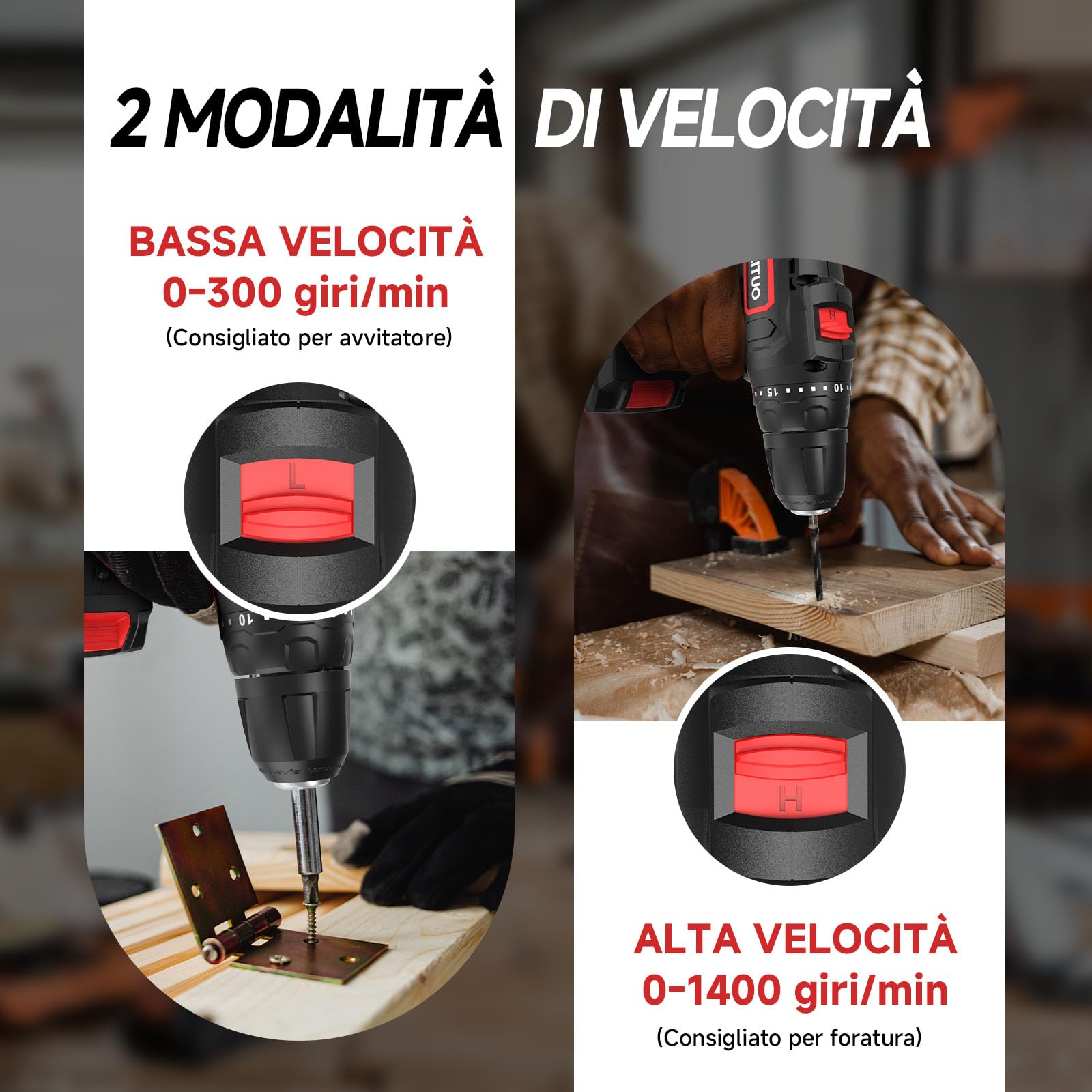 PULITUO Trapano Avvitatore Batteria 20V, Avvitatore a Batteria con 2 Batterie da 2,0 Ah, Mandrino Autoserrante da 3/8", 2 Velocità, 21+1 Livelli di Coppia, Set 42 Pezzi, Kit di Attrezzi per La Casa
