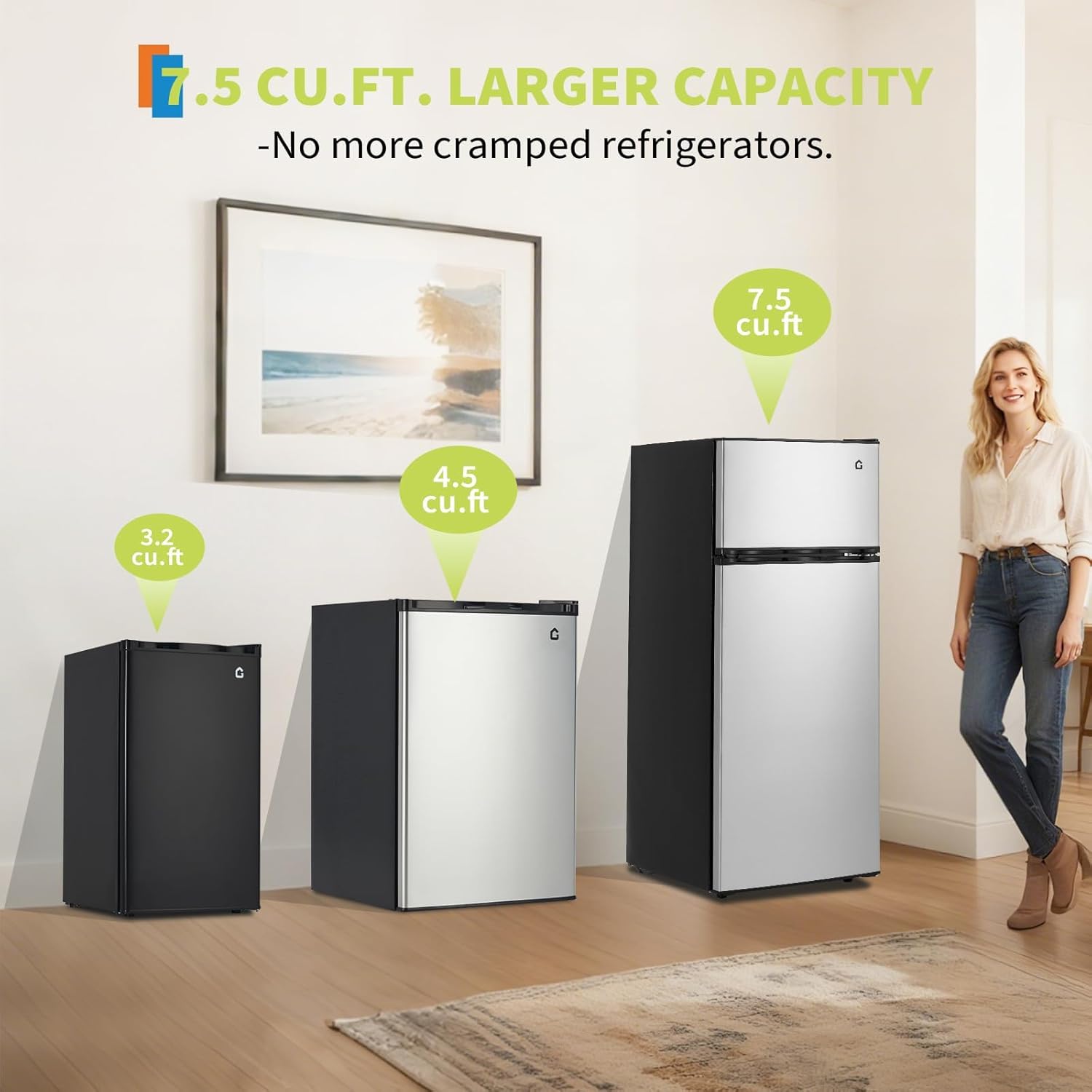 7.5 Cu.Ft Refrigerator with Freezer,Double Doors Refrigerator with 7 Adjustable Temperature Settings,Large Capacity,for Apartment,Bedroom,Dorm and Office