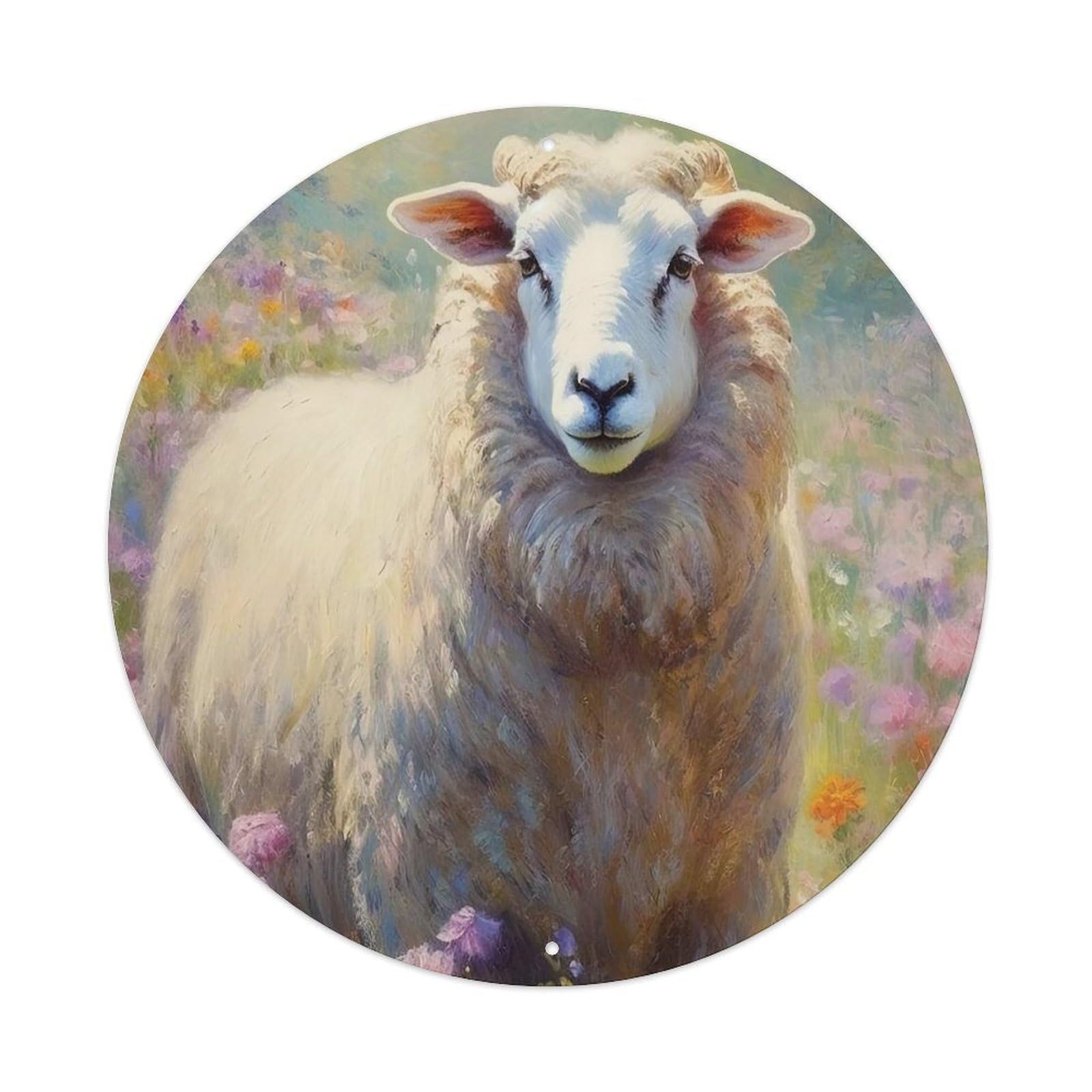 Animal Art Oil Painting Style Sheep Vintage Metal Tin Sign Plaque Wall Decor for Cafe, Club, Garden Round Metal Poster 8x8Inch