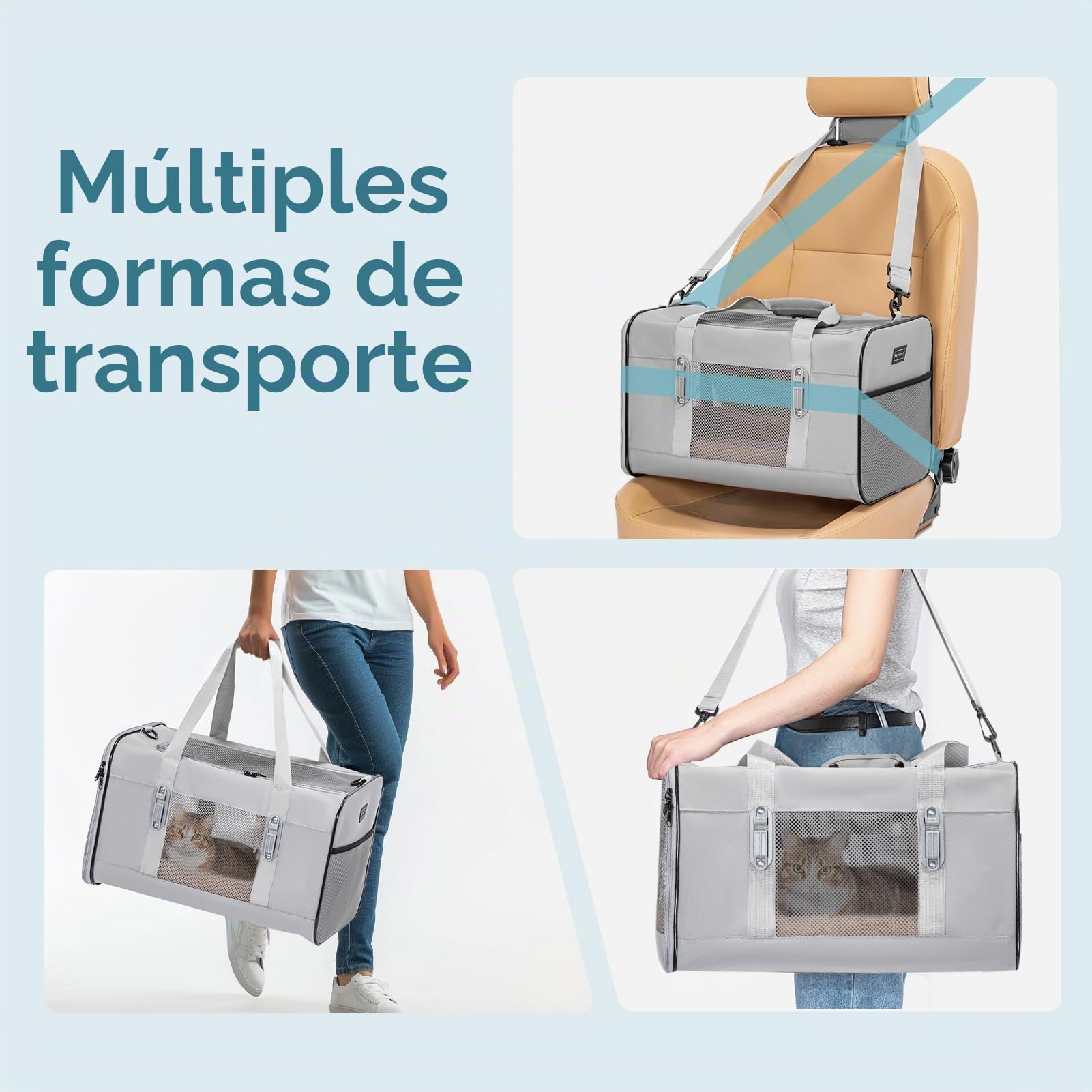 Petsfit Transportín Perro Gato Coche Plegable, Bolso Transportin para Mediano con Hombro Ajustable y Suave Acolchado, Trasportines Gato Perro 48,5x31x31 cm, Gris