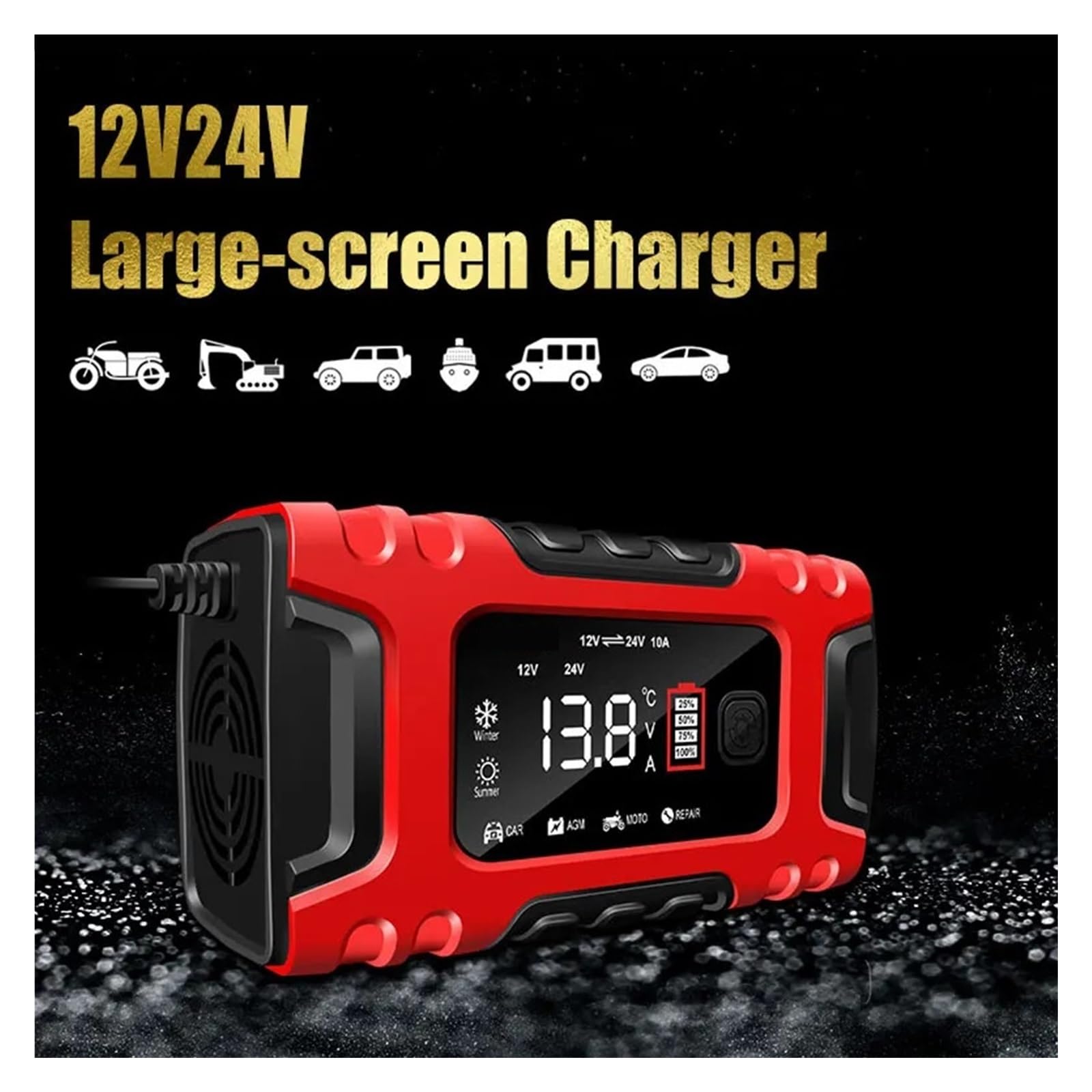 Ładowarka Samochodowa 12V 10A I 24V 5A Konserwacja Impulsów Wyświetlacz LCD Inteligentne Szybkie Ładowanie Samochodowa Motocyklowa Ładowarka Kwasowo-ołowiowa Szybkie I Wydajne łAdowanie(Yellow)