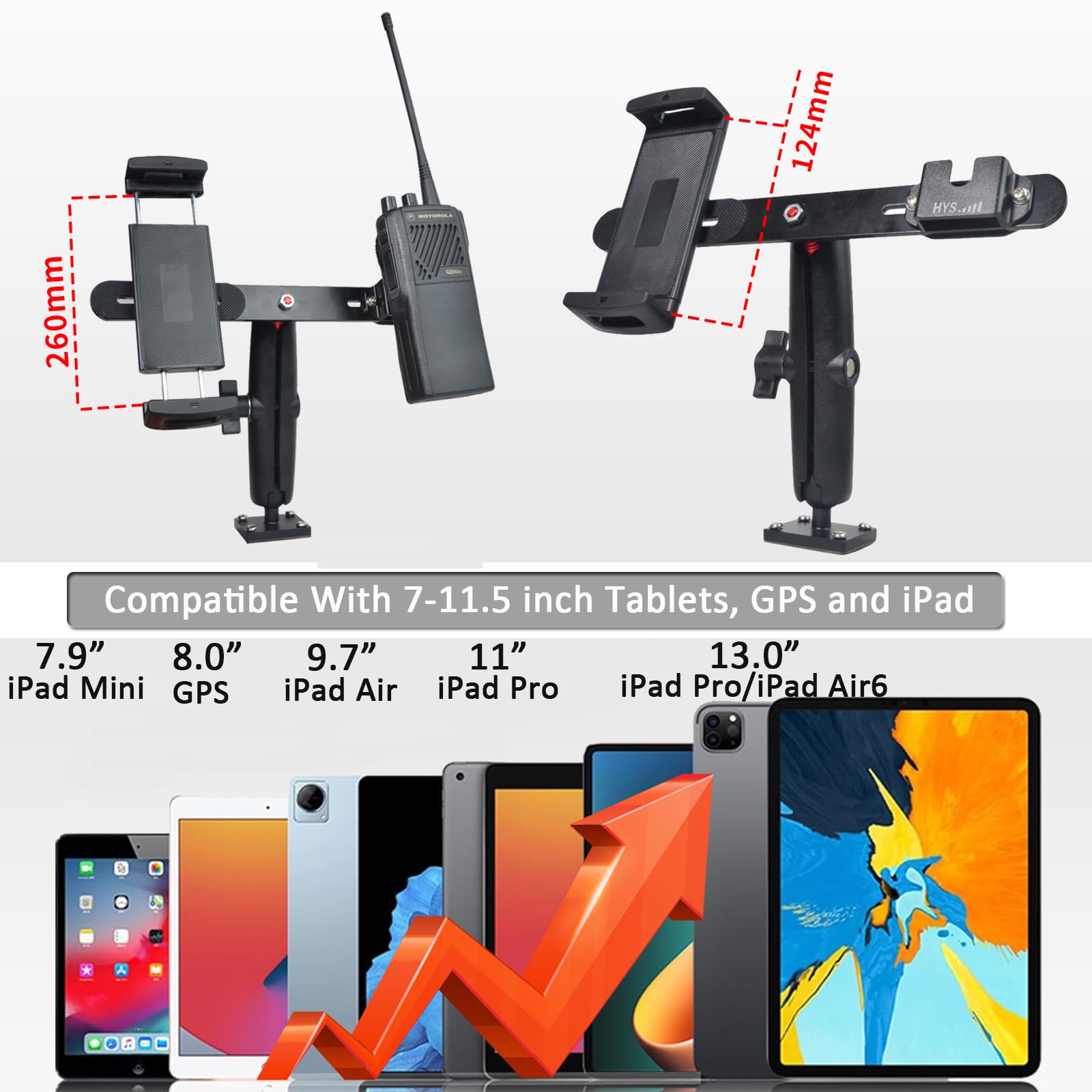 HYS Supporto da auto resistente per tablet da 5 a 13 pollici, iPad, Samsung Galaxy Tab, GPS, universale, portatile, radio CB e microfono, per scrivania, auto, parete, camion, veicoli commerciali
