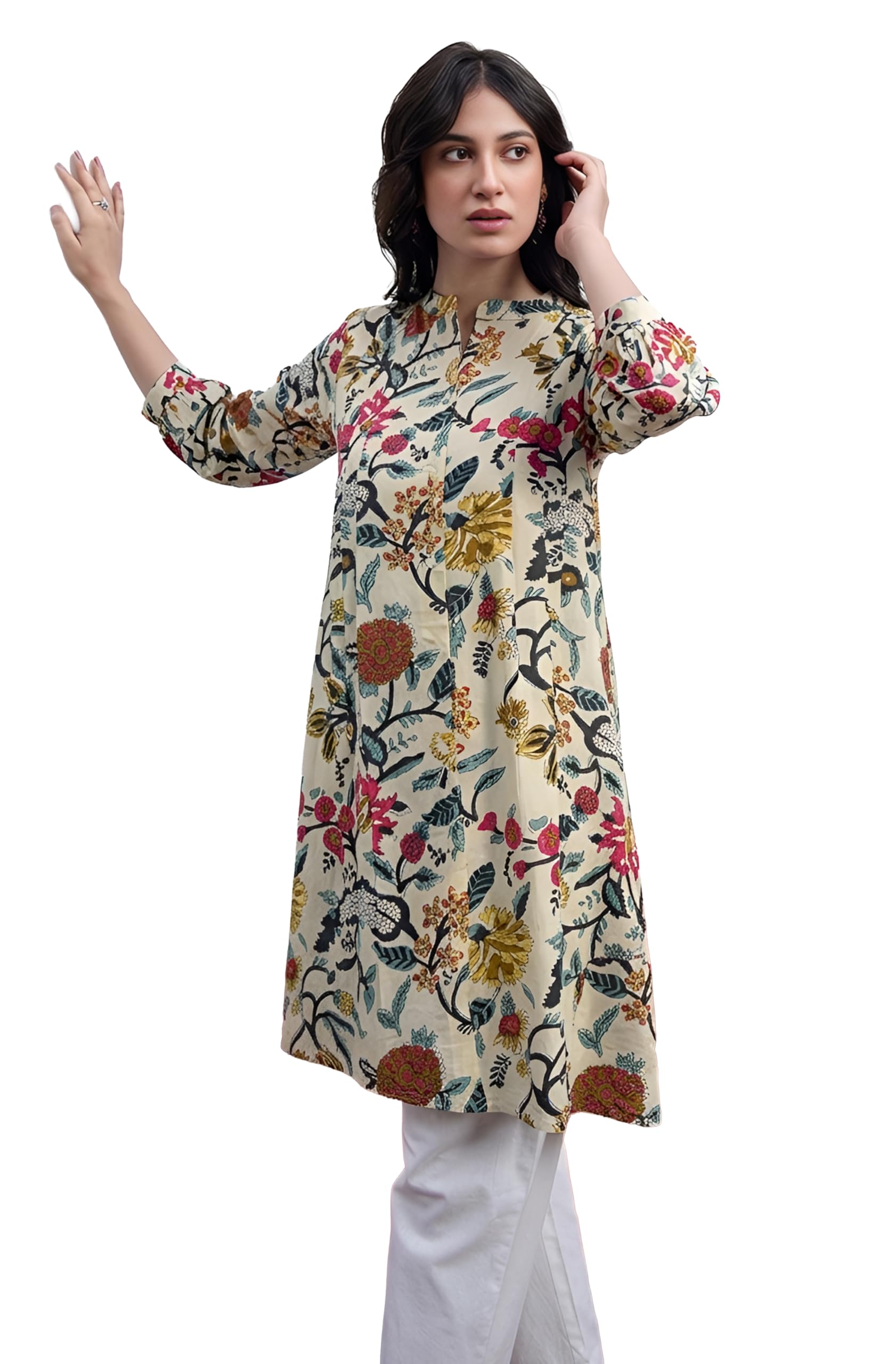 janasya Women's Beige Pure Cotton Floral Printed A-Line Tunic-picture-15