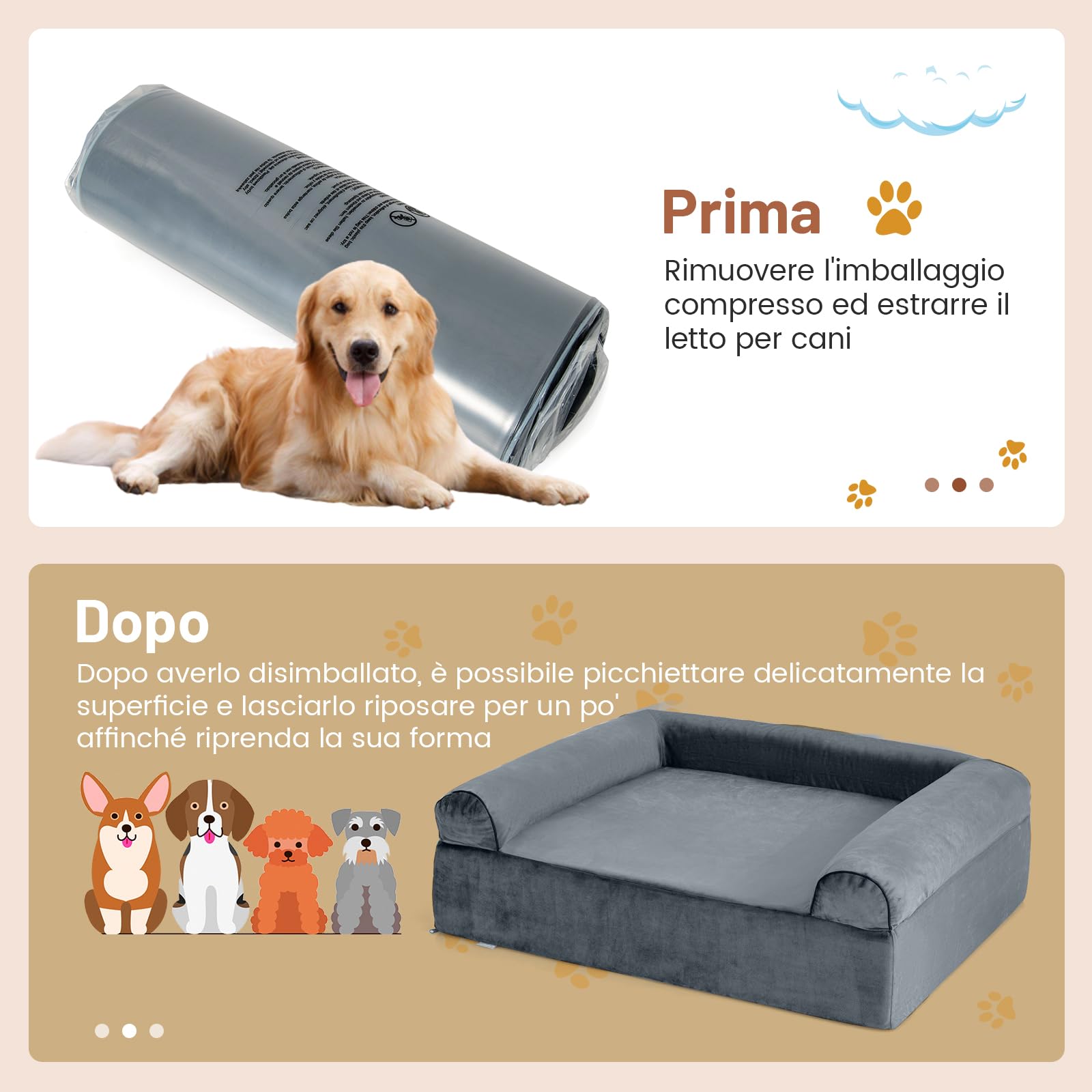 COSTWAY Letto Ortopedico per Cani, Cuccia per Animali in Schiuma di Memoria con Poggiatesta, Copertura Rimovibile e Fondo Antiscivolo per Cani Anziani, 102 x 82 x 30,5 cm