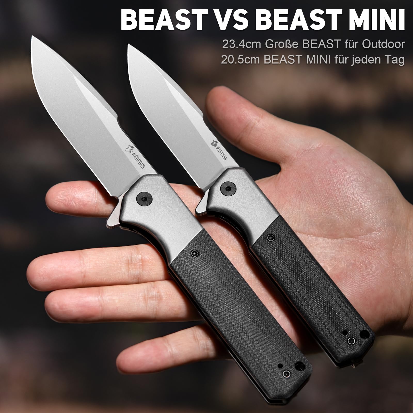 NedFoss BEAST Klappmesser, Klingenlänge 10cm aus D2 Stahl Taschenmesser mit G10 Griff, Einhandmesser mit Liner Lock & Kugellager, Outdoor Messer mit Clip, Survival Messer für Sammlung & Geschenk