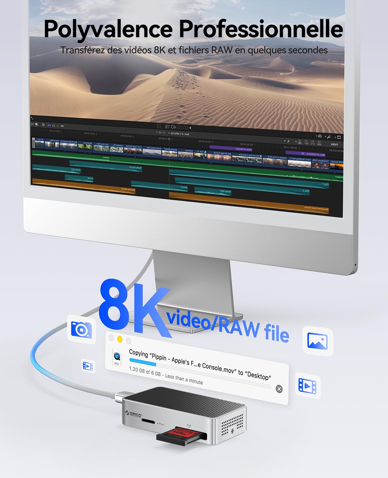 ORICO CFexpress Lecteur de carte mémoire 40 Gbps type B/A et SD/TF UHS-II avec quatre emplacements, lecteur de carte USB4 haute performance compatible avec Thunderbolt 3/4/5