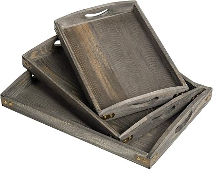 Country Farmhouse Rustic Wood Nesting Dinning Breakfast Serving Trays with Wood Handles, Set of 3,Can Put Food, Fruit, Plates|Ottoman Decorative Coffee Table Tray Rock Grey