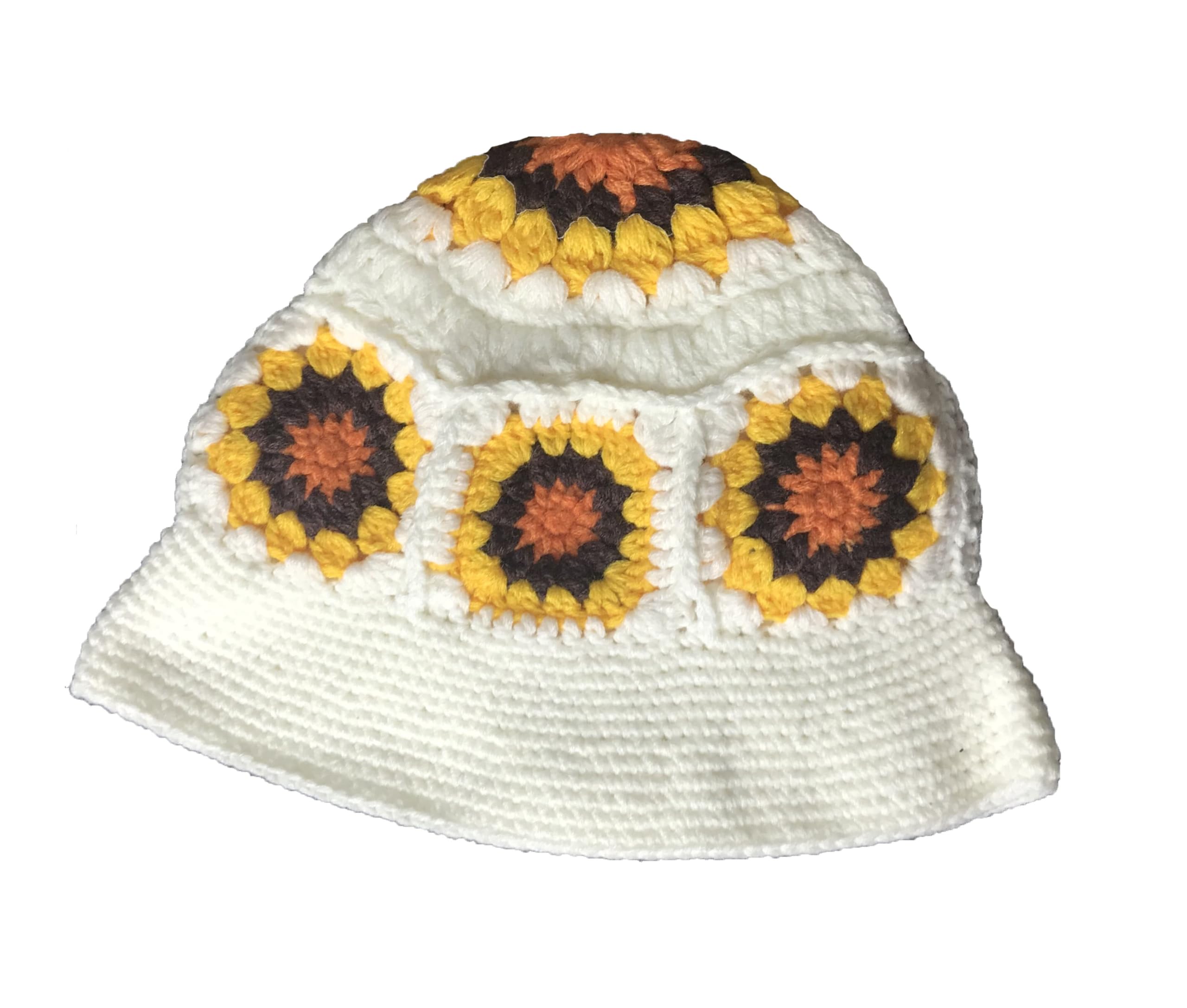 Kgm Unisex White Sunflower Hand Crafted Knitted Crochet Bucket Hat - Festival Holiday Travel Summer Winter Hats (White Sunflower)