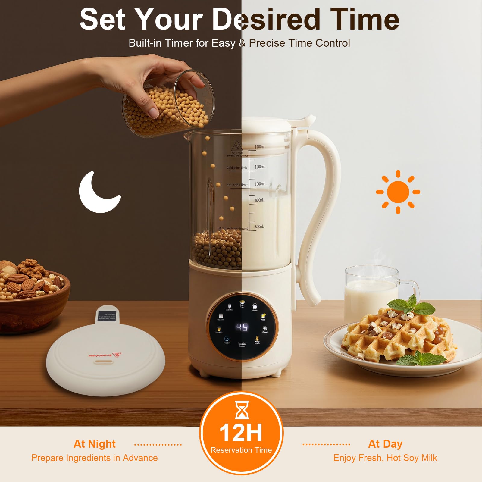 Macchina per latte di noci, latte di soia, 1400 ml, spremiagrumi con 16 lame, indicatore LED, funzione di mantenimento del calore per 6 ore, per latte vegetale, avena, soia, bevande senza latte