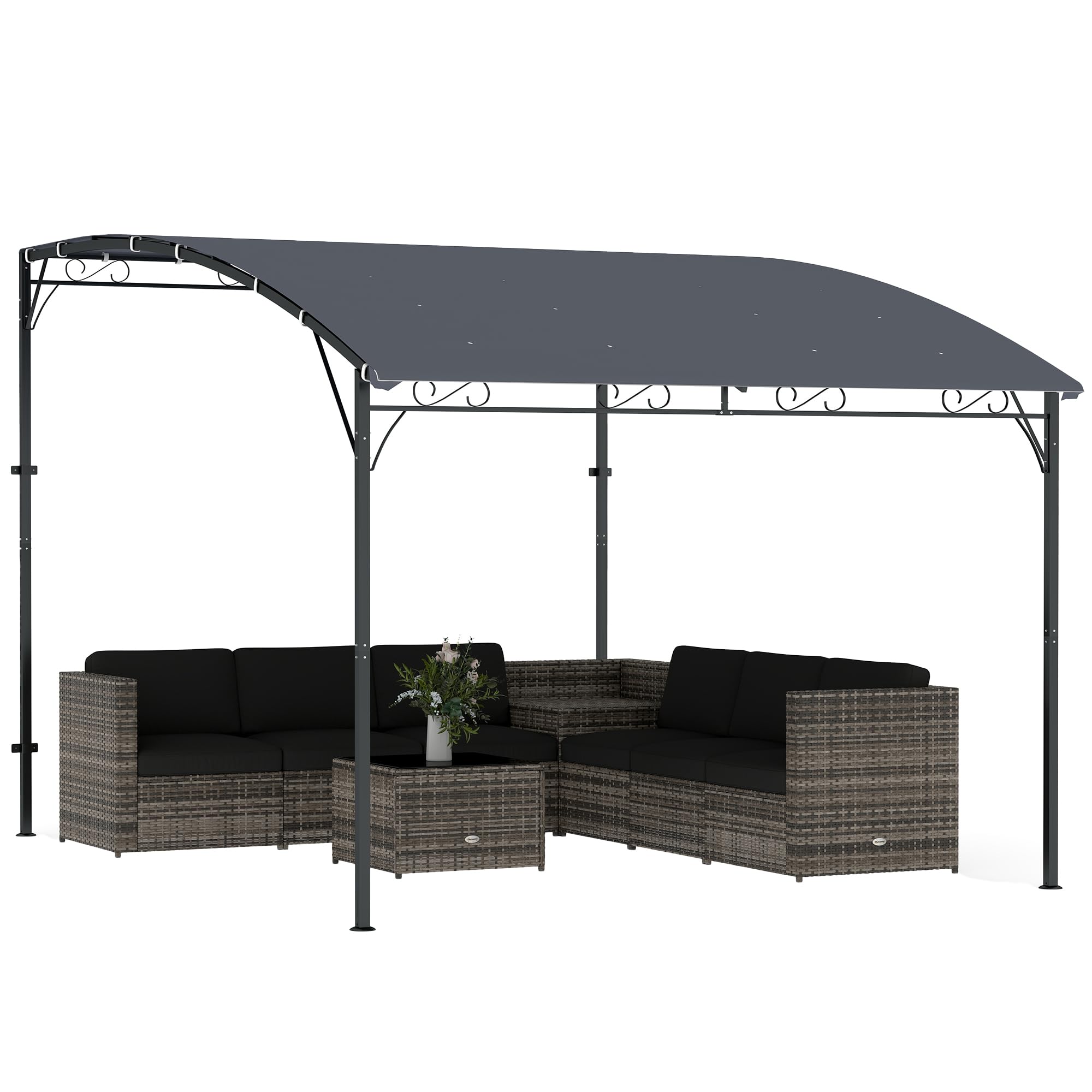 Outsunny Pérgola de Pared de Jardín 2,8x3,8 m, Cenador de Jardín con Techo Inclinado, Orificios de Drenaje y Estructura Metálica, Resistente a la Intemperie, para Patio, Terraza, Balcón, Gris