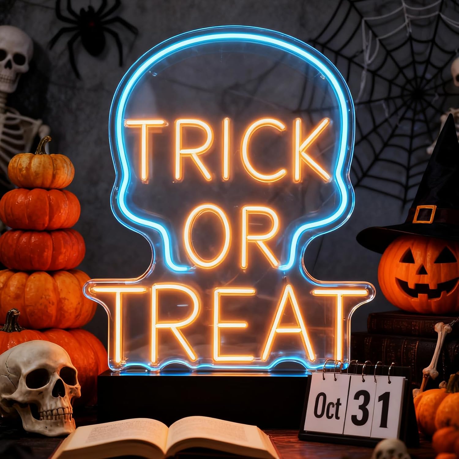 Custom LED Happy Halloween Lights, Personalized Halloween Skull Neon Signs for Wall, Window, Room, Home, Party, Yard, Battery Operated or USB. RGB for Indoor, Outdoor, Business.