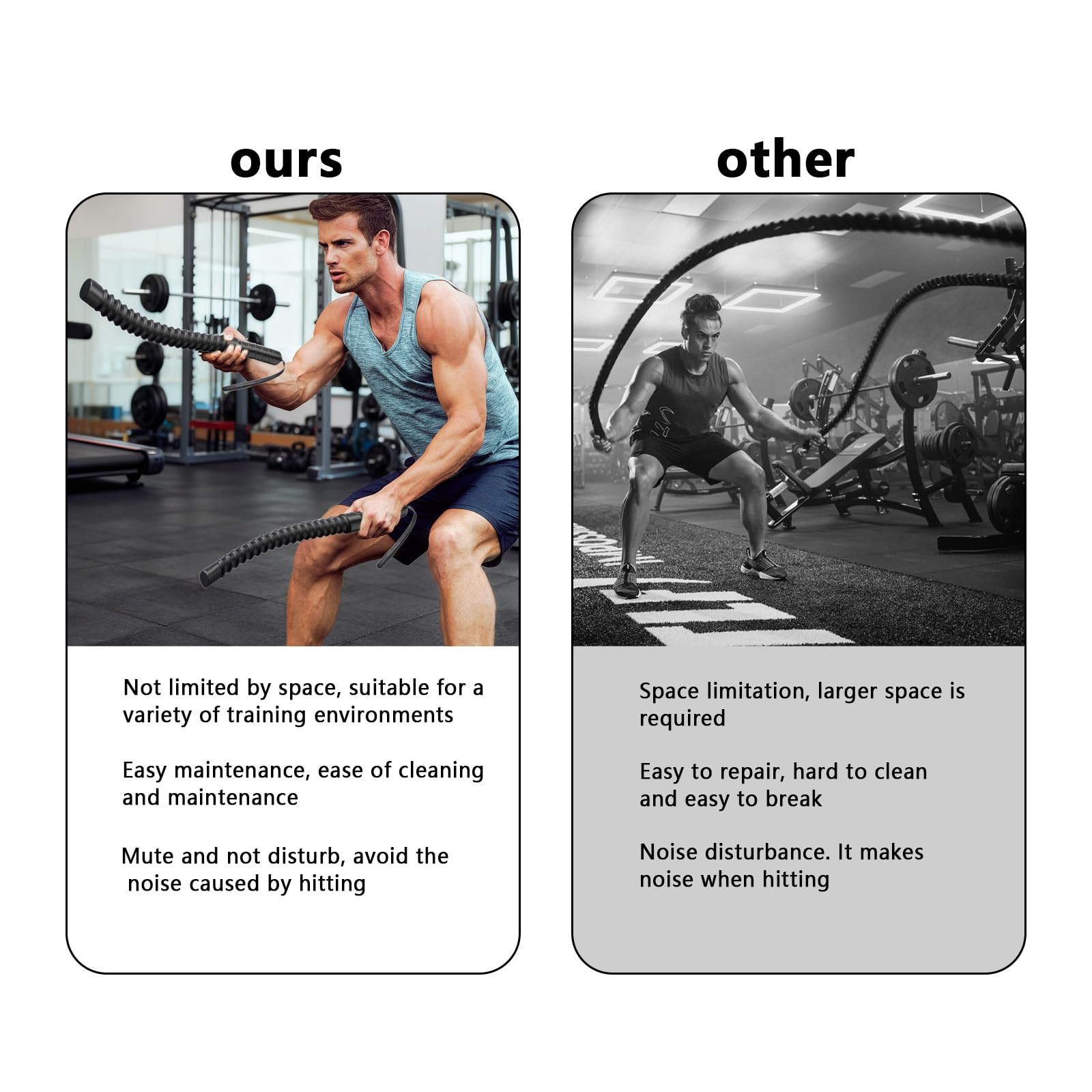 Lot de 2 cordes de combat pour salle de sport à domicile, cordes de combat lestées sans corde, équipement d'entraînement portable et silencieux pour tonifier tout le corps, brûler les graisses et