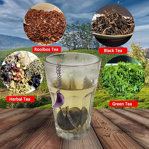 Miniatura 4 de 2 infusores de té, colador de té de malla de acero inoxidable, amatista y cristal blanco con colgante de luna de cristal blanco, filtro de té con