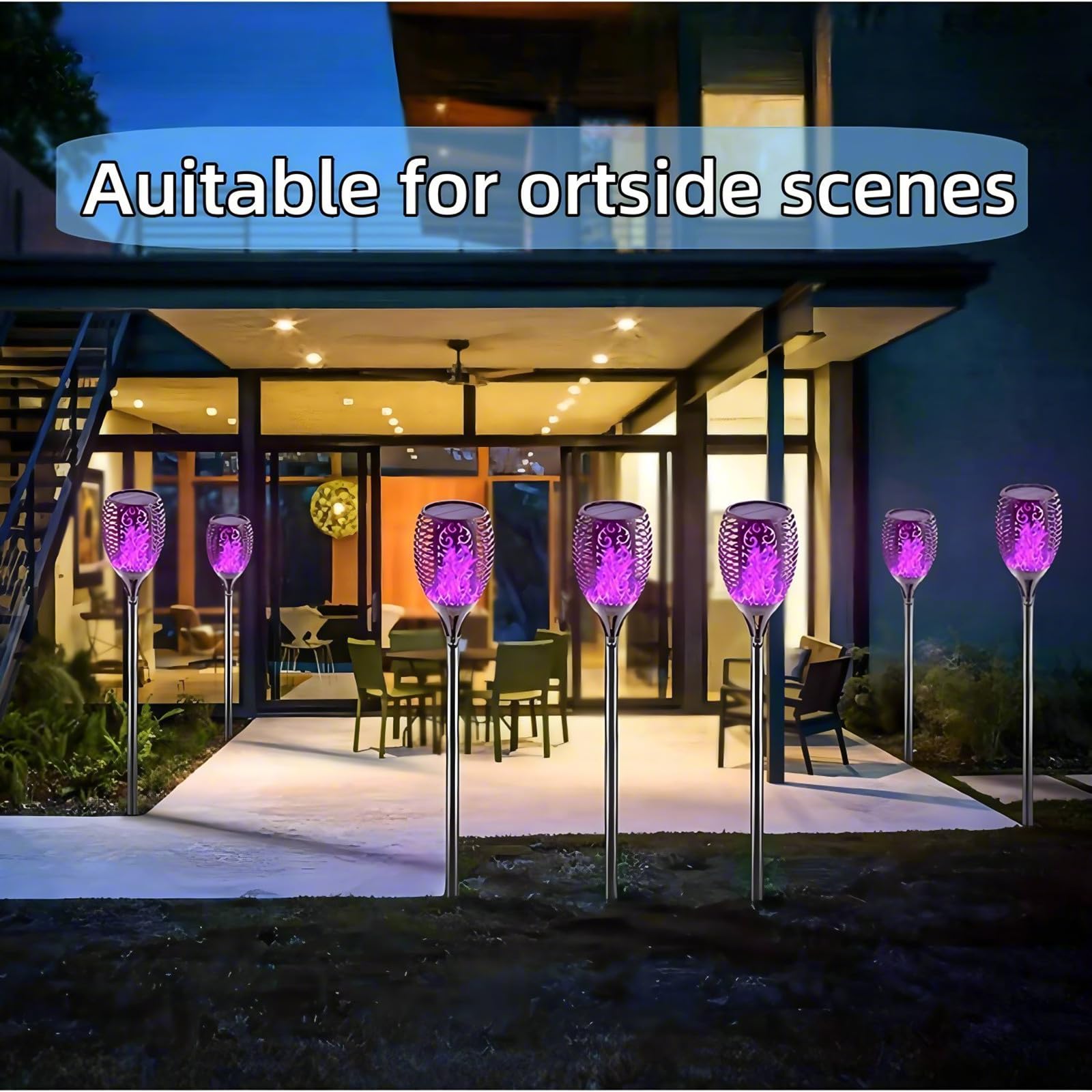 Solar-Flammenlicht für den Außenbereich, Solarleuchten für den Außenbereich mit flackernder Flamme, IP65 wasserdicht, solarbetrieben, für Rasen, Terrasse, Weg, Dekoration, Violett, 4 Stück