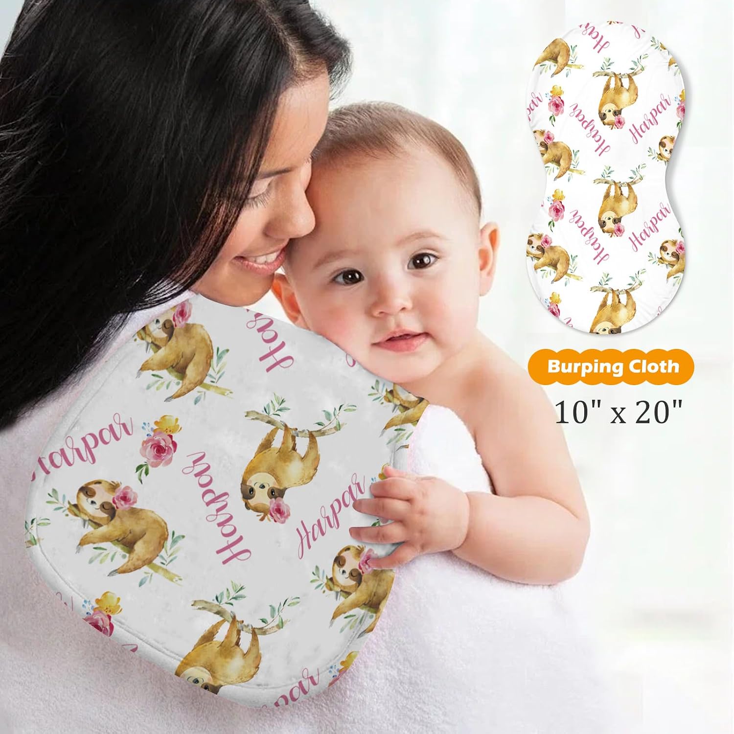 Custom Baby Nursing Swaddling Set: Personalized Custom Name Pink Swaddle Blanket Car Seat Cover Bow Headband Hat Nursing Pillow for Infant Girl Boy Watercolor Sloth Animal Pattern