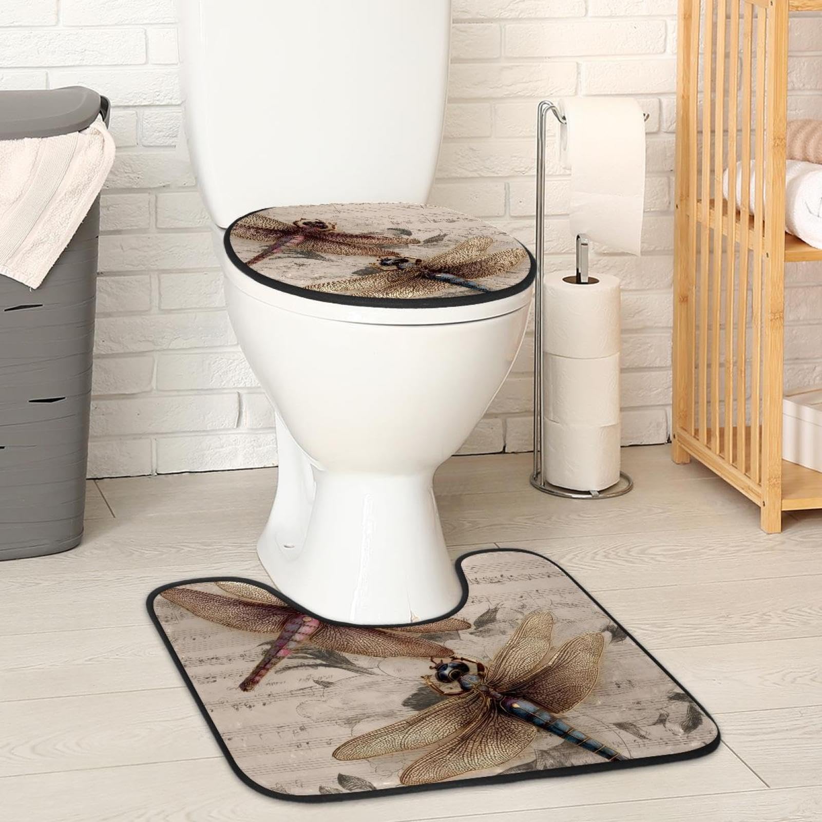 MUOOUM Toilet Lid Cover and U-Shaped Toilet Floor Mat Set of 2 Pieces, Vintage Music Dragonflies Toilet Mat Set, Machine Washable Seat Covers Non-Slip Absorbent Rugs