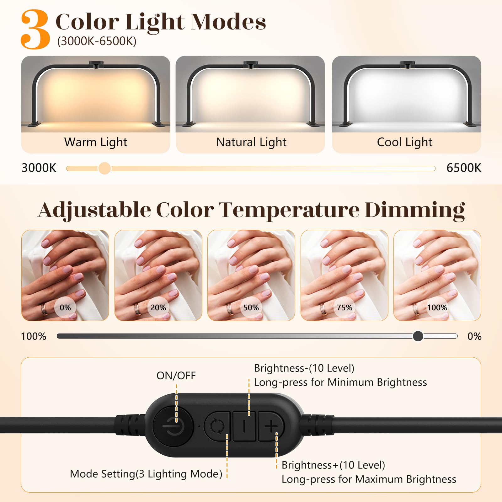 Lampara Media Luna Manicura: 29in Lampara Manicura para Principiantes - 3 Modos de Color y 10 Niveles de Brillo Ajustables Lampara Arco LED Mesa para Cosméticos Lectura - Negro
