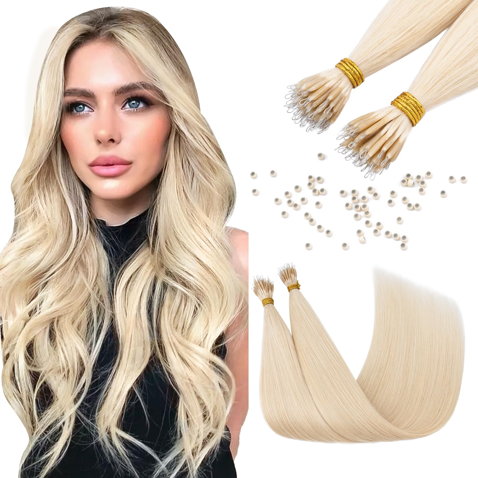 Elailite Nano Beads Hair Extension Real Human Hair With Nano Ring 50 Strands Cold Fusion Straight (#70 Bleach White, 20 Inch)