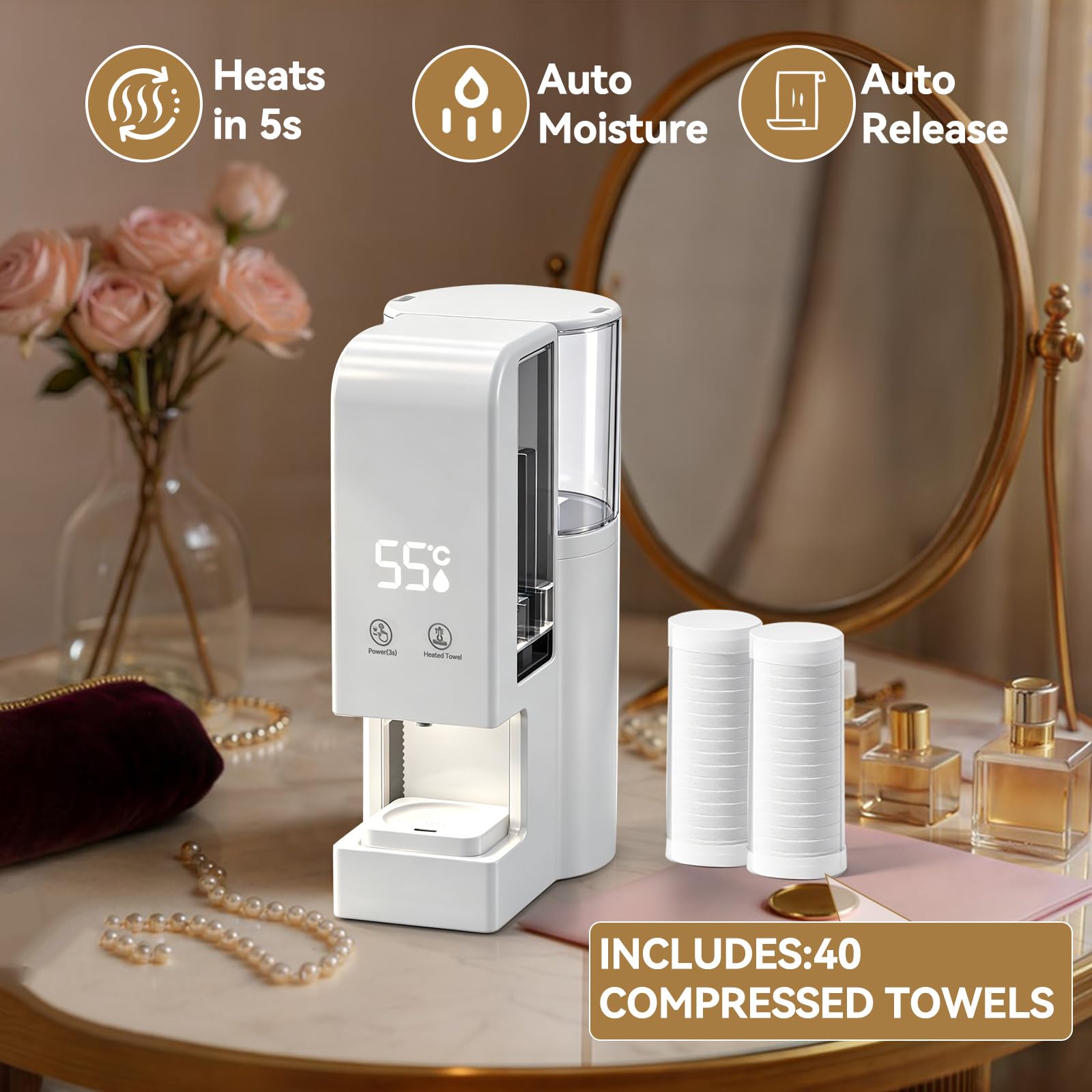 Dispenser per salviette calde per il viso, scaldavivande monouso, macchina automatica per riscaldare salviette compresse, riscaldamento rapido (5 secondi) con 40 salviette, scaldasalviette automatico