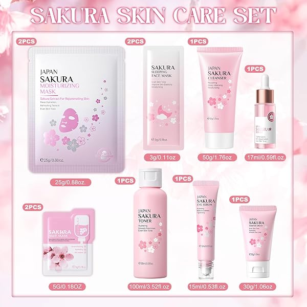 Kit per la Cura della Pelle Sakura 11 Pezzi, include Detergente, Tonico, Crema Viso, Siero e Crema per Gli Occhi, Set Skincare Viso Completo per Ragazze e Donne - 2