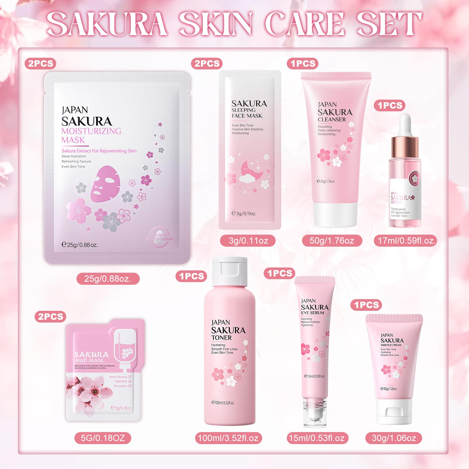 Kit per la Cura della Pelle Sakura 11 Pezzi, include Detergente, Tonico, Crema Viso, Siero e Crema per Gli Occhi, Set Skincare Viso Completo per Ragazze e Donne