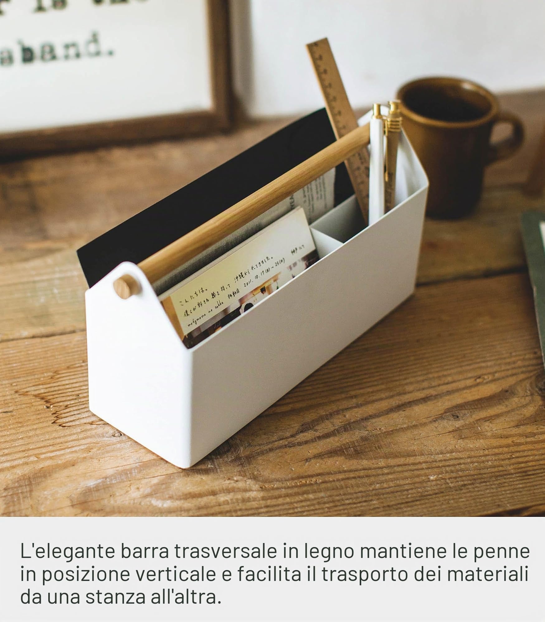 YAMAZAKI 4152 TOSCA Pen Stand Wide, white, Steel/Wood, 27 x 8.5 x 13.5 cm