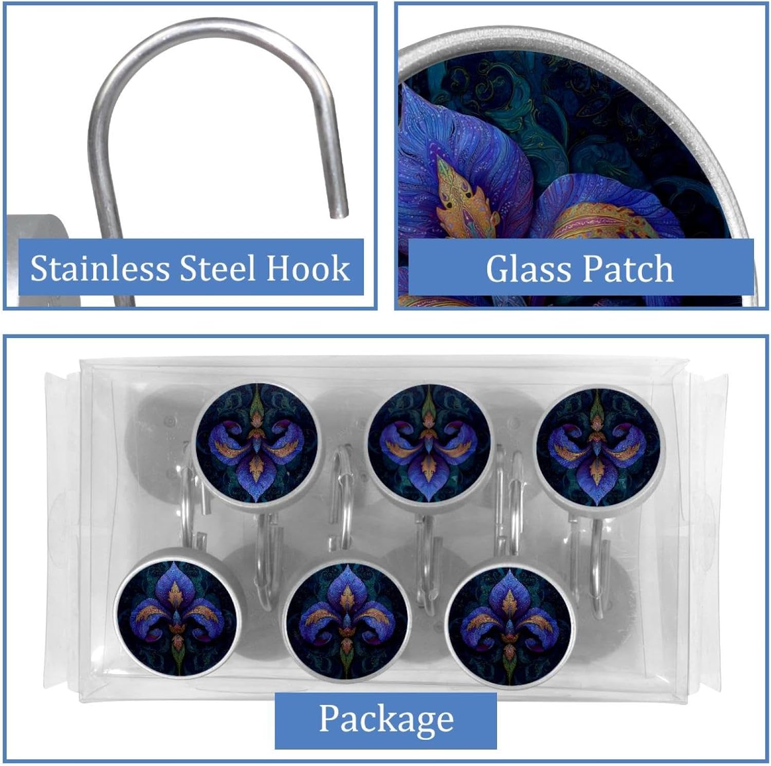 12 Pcs Round Shower Curtain Hooks Stainless Steel Decorative Hanger Rings for Bathroom Kitchen Bedroom Curtain Rods, Fleur de Lis Iris (1)