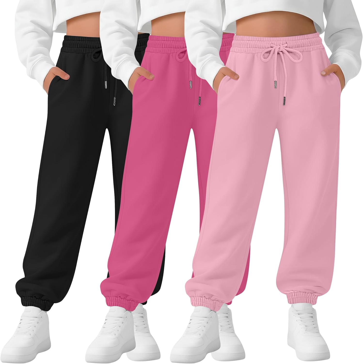 3 Pack Girls Sweatpants Drawstring Wide Leg Baggy Sweat Pants High Waist Active Joggers for Kids with Pockets 5-14Y