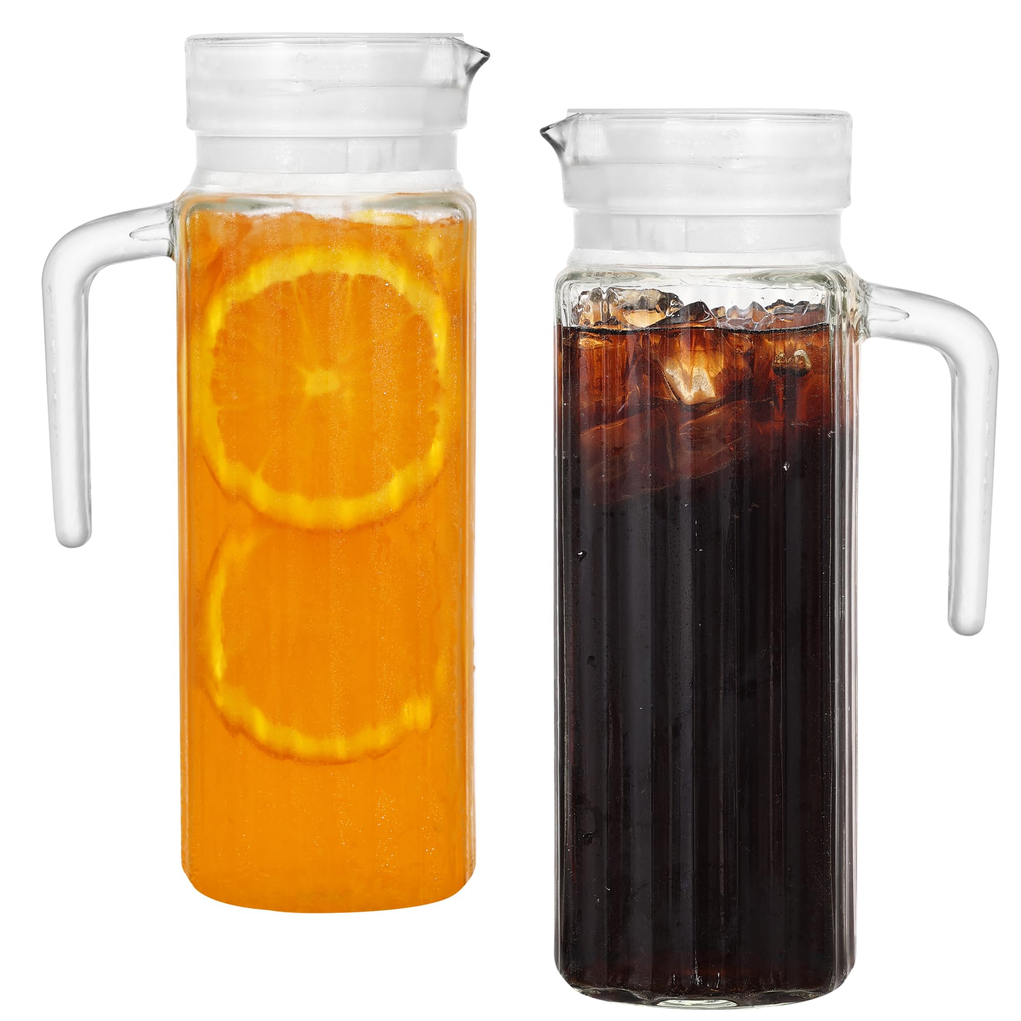 Glass Water Jug for Fridge, LIMILI 2 Pack (1.1 Litre) Water Jugs with Lids with Ribbed Design & Spill-Free Spout, Transparent Pitcher Jug for Hot/Cold Water Ice Tea Coffee Milk & Juice