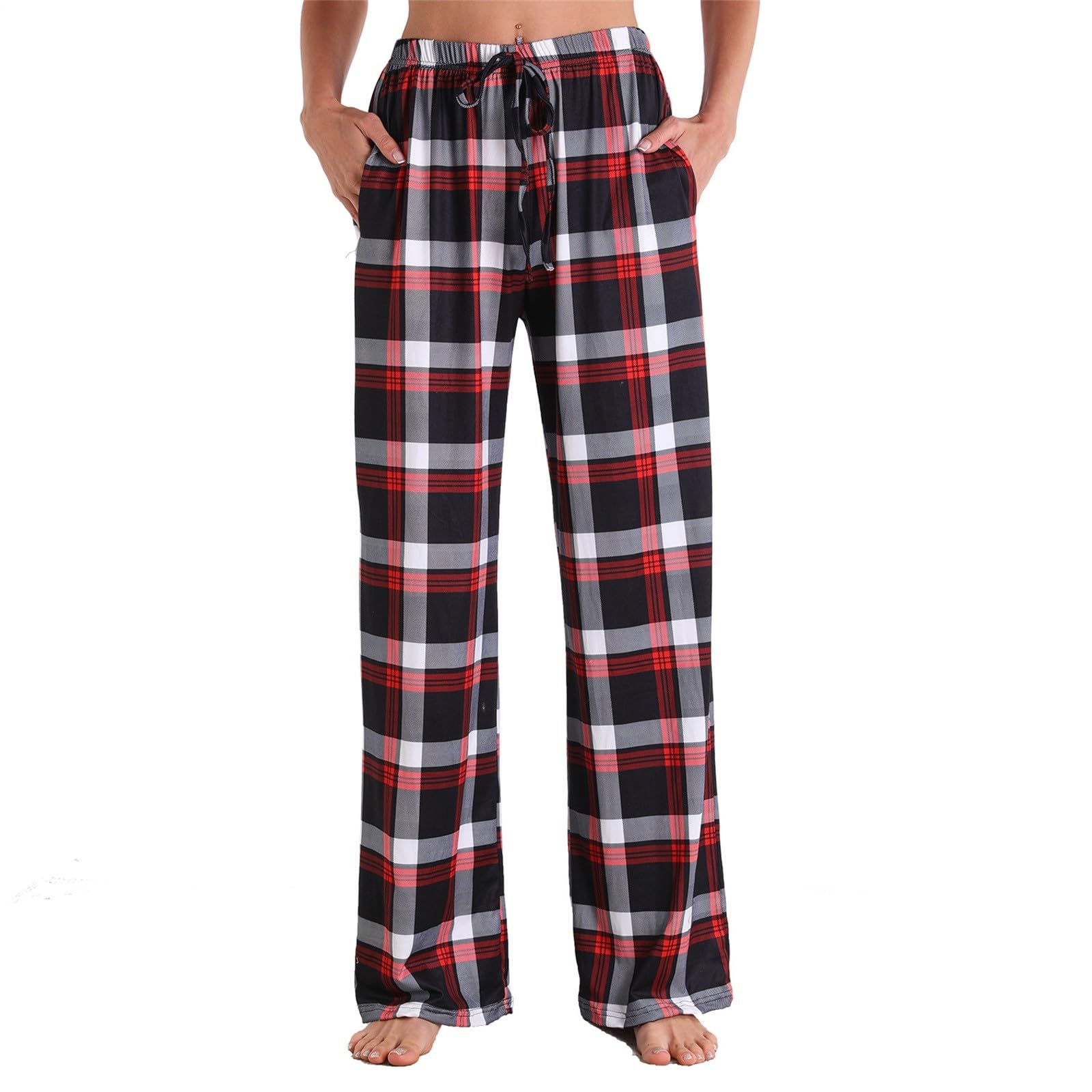 BUKKNYE Women's Pyjama Pants Checked Printed Plaid Lounge Pants Comfy Pajama Bottoms Soft Sleep Trousers with Pockets