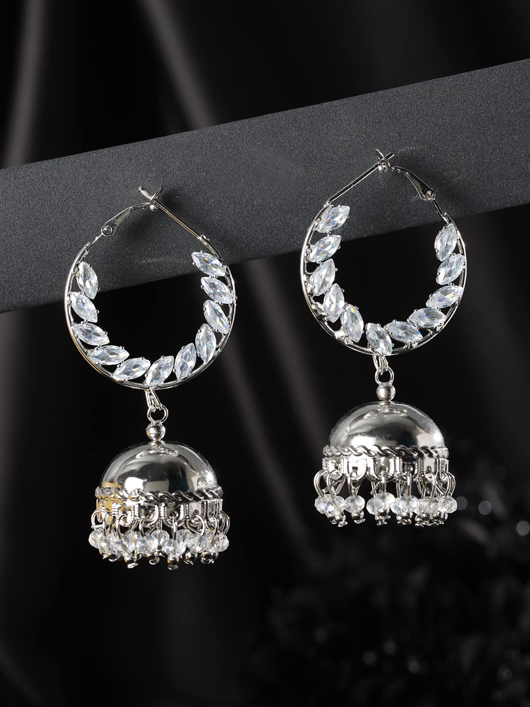 Women's Leaf-Cut AD Studded Hoop Jhumka Earrings