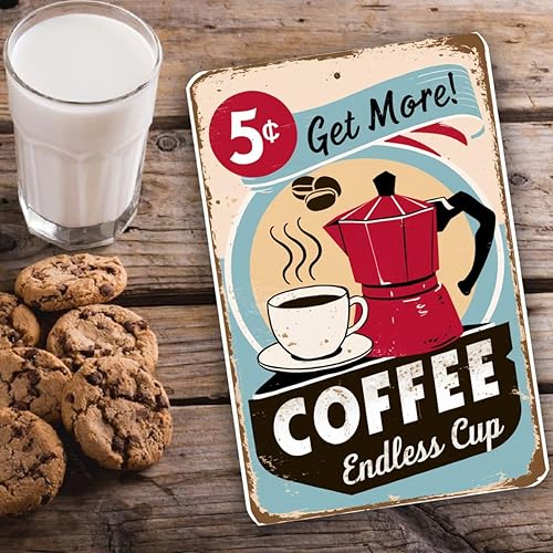 Miniatura 6 de Letrero de metal con texto en inglés "Get More! Coffee - Endless Cup" de estilo vintage, cafetera roja retro y taza de café blanca de 8 x 12 pulgadas