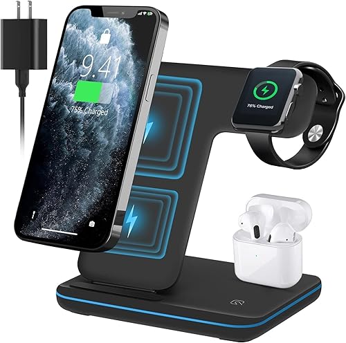 Estación de carga inalámbrica, 3 en 1, cargador inalámbrico para Apple Watch 8 7 6 5 4 3 2 SE, Airpods 3 2 Pro, iPhone 15 14 13 12 11Pro Max XR XS 8