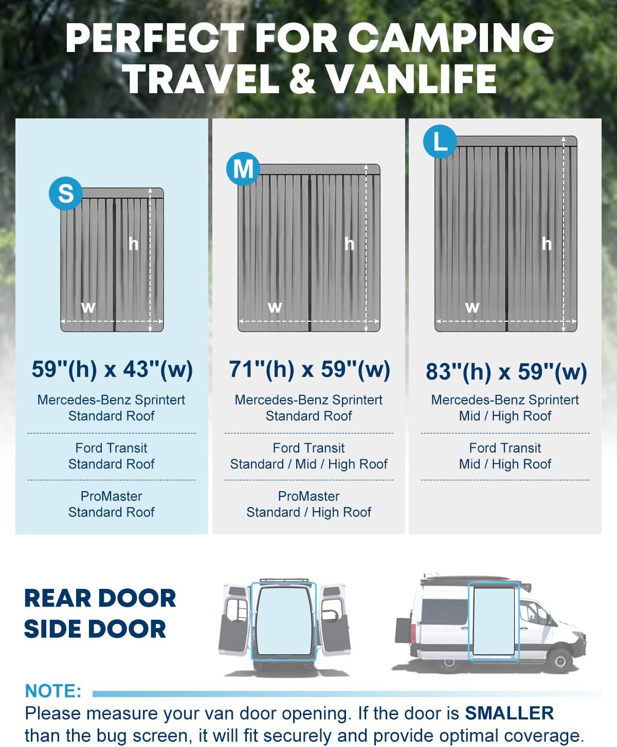 Kohree Van Bug Screen, Full Magnetic Strips Door Mesh Curtain, Universal Size for Side Door and Rear Door Flyscree Mosquito Net for Mercedes Sprinter Motorhome Camper (Side Door, 59" H x 43" W)