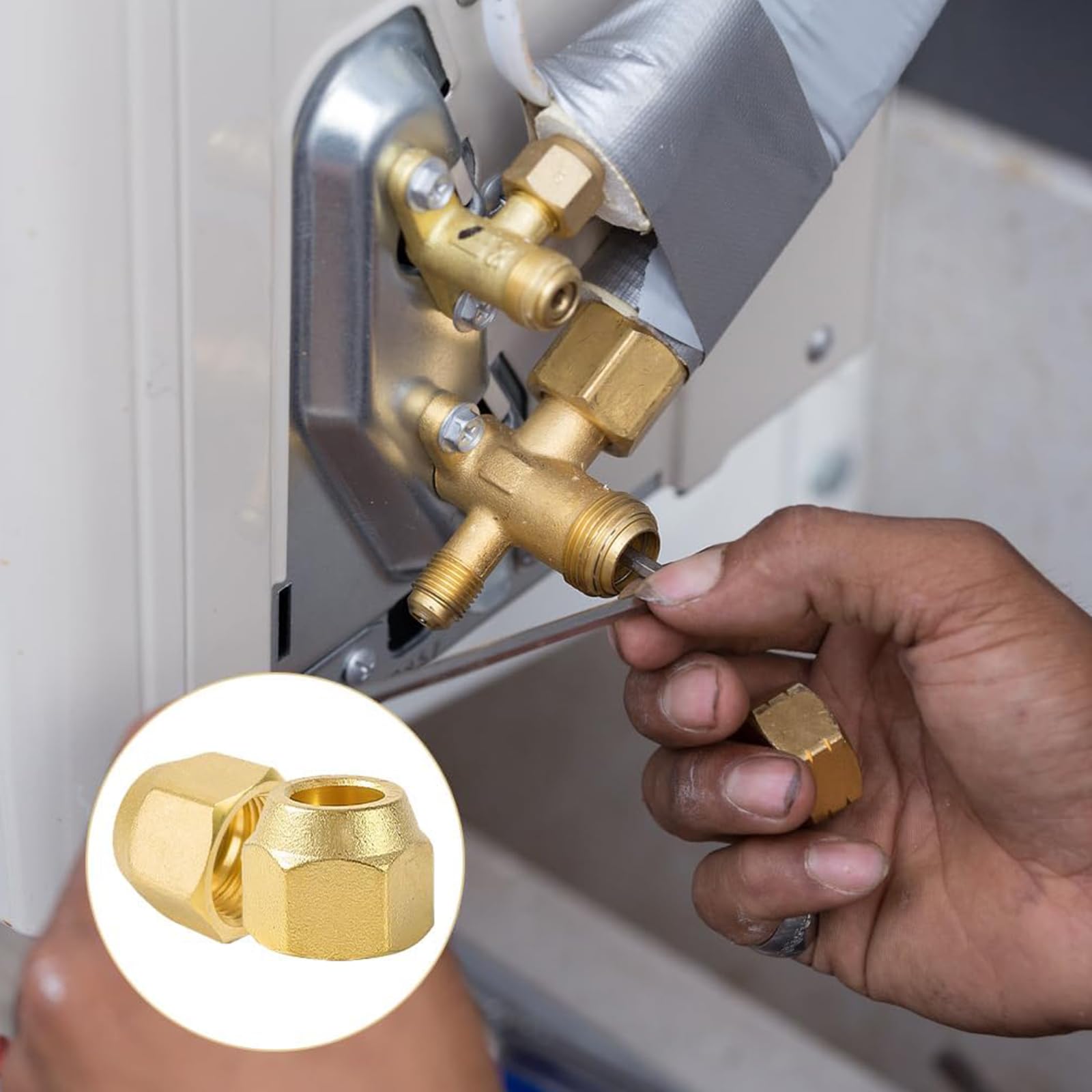 4 Tuercas de Latón para Aire Acondicionado, Tuerca de Unión de 1/4 de Pulgada para Tubo de Cobre, Tuercas Delgadas y Reforzadas, Conexión Estanca para Tuberías de Refrigerante R134a R410a