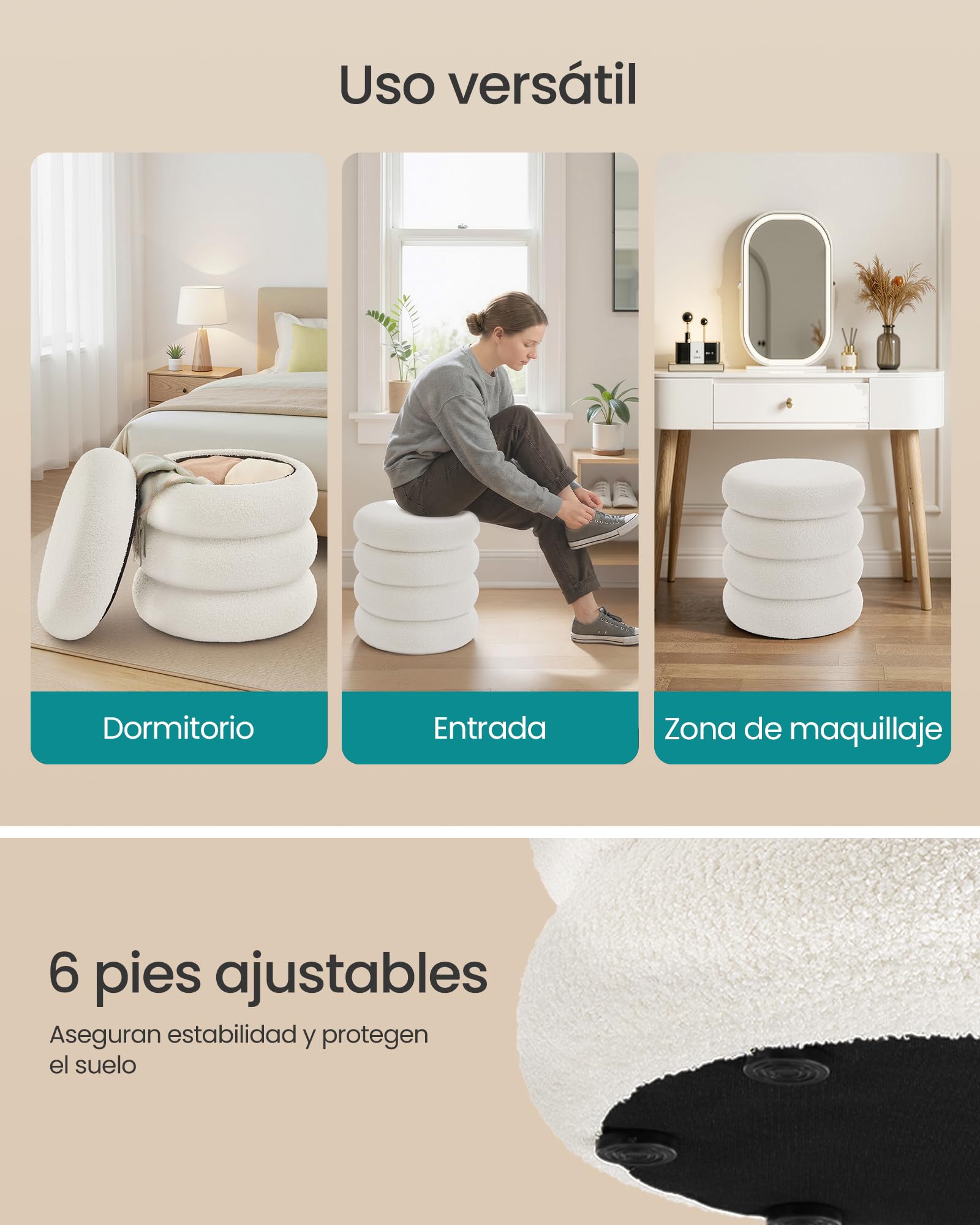 SONGMICS Taburete de Tocador, Puff Redondo con Almacenamiento, Reposapiés Acolchado, Tapa Extraíble, Salón Dormitorio Recibidor, Fácil de Montar, 43 x 47 cm, Peluche, Blanco LOM015WD01