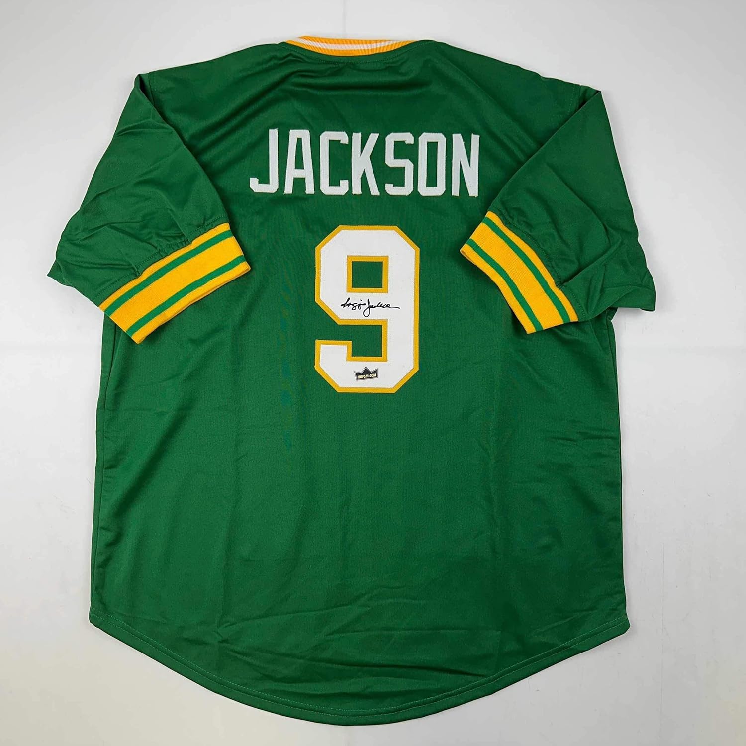 Facsimile Autographed Reggie Jackson Oakland Green Reprint Laser Auto Baseball Jersey Size Men's XL