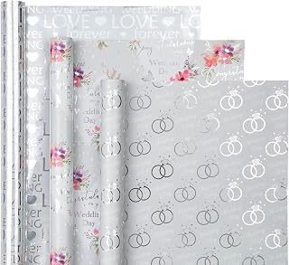 WRAPAHOLIC Wedding Wrapping Paper Roll - Mini Roll - 3 Rolls - 17 Inch x 120 Inch Per Roll - Silver Foil Diamond Ring and Floral Design for Celebration, Party, Holiday