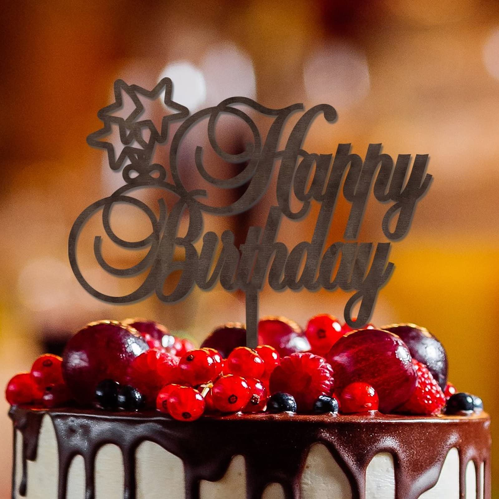Tyqour Wooden Happy Birthday Cake Topper – Brown 14x10cm Sign For Birthday, Anniversary & Party Decor